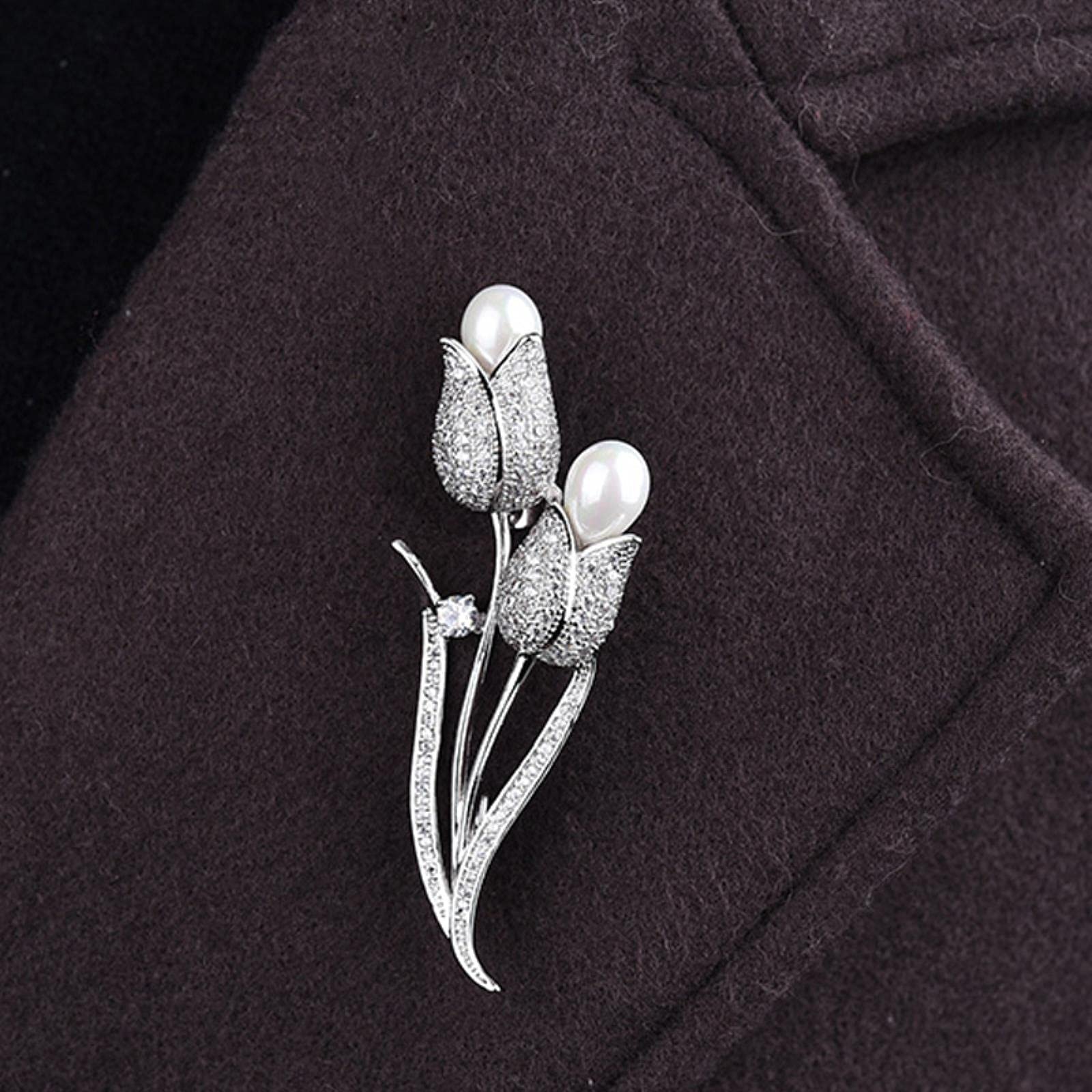 Broche Plateado con Forma de tulipán, Cristal, circonita cúbica y Perla. Ideal para Bodas, Fiestas y Banquetes. Accesorios de joyería para Hombres y Mujeres.