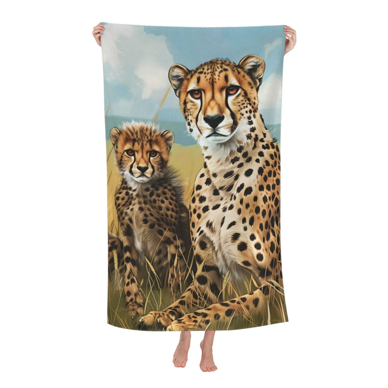HLBSDM Majestic Cheetah Family Beach Towel Microfiber Quick Dry Sand Proof Lightweight Bath Pool Towel for Women Adults Kids Soft Absorbent Oversized Towels for Swim Travel Sports 32×52 in