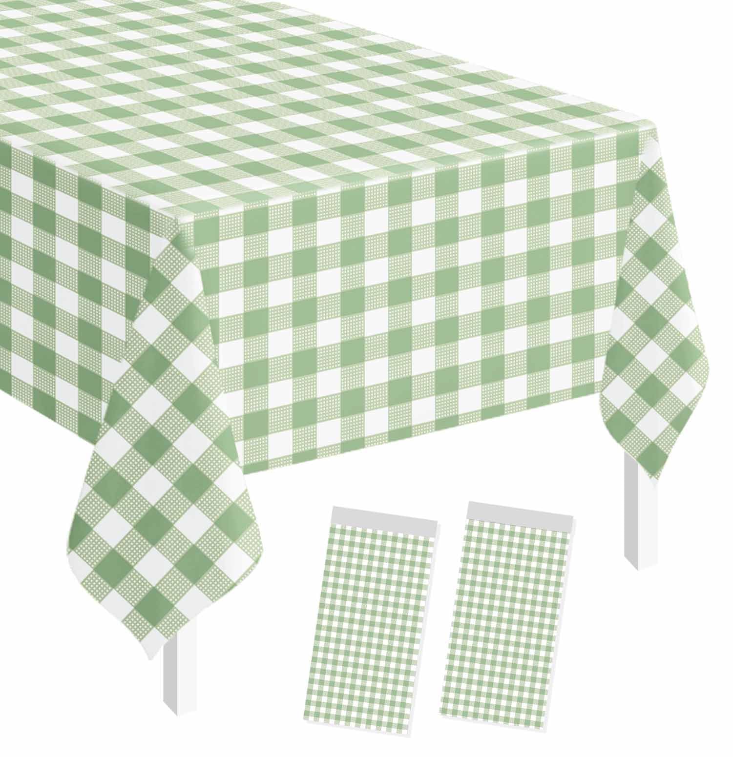 2 Pack Sage Green Gingham Tablecloth Rectangle 54 x 108 Sage Green and White Checkered Table Cloth Disposable Plaid Table Cover Plastic for Birthday Baby Shower Picnic Wedding Party Supplies