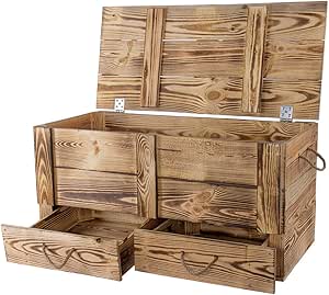 Kistenkolli Große geflammte Holztruhe mit Deckel und Schubladen