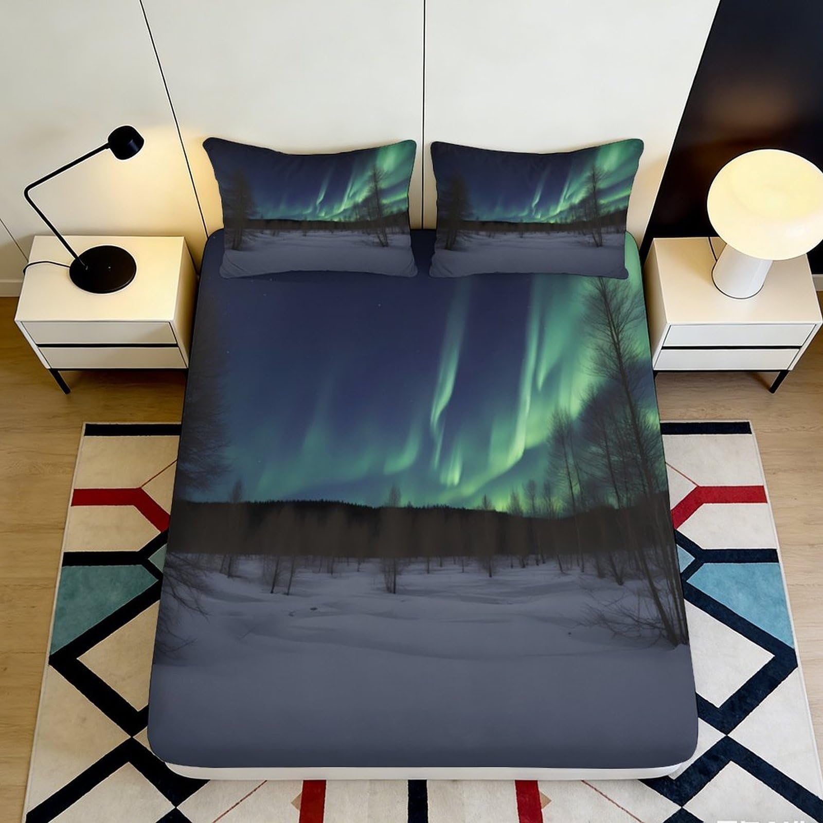 3D Printed Northern Lights Fitted Sheet Microfiber Soft Breathable Aurora Forest Mattress Cover for Bedroom Dorm 90x200x25cm