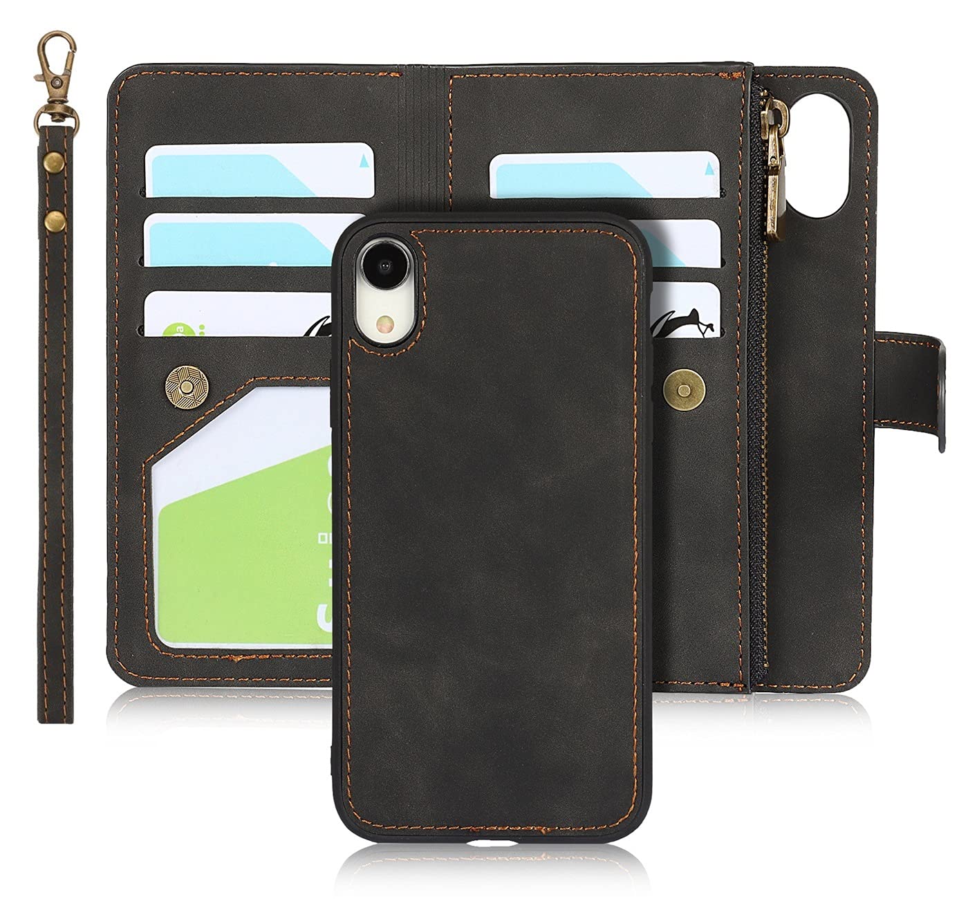 iCoverCase for iPhone XR Wallet Case with Card Holder and Wrist Strap, PU Leather Kickstand Card Slots Zipper Pocket Magnetic [Detachable] Flip Cover Case 6.1 Inch (Black)