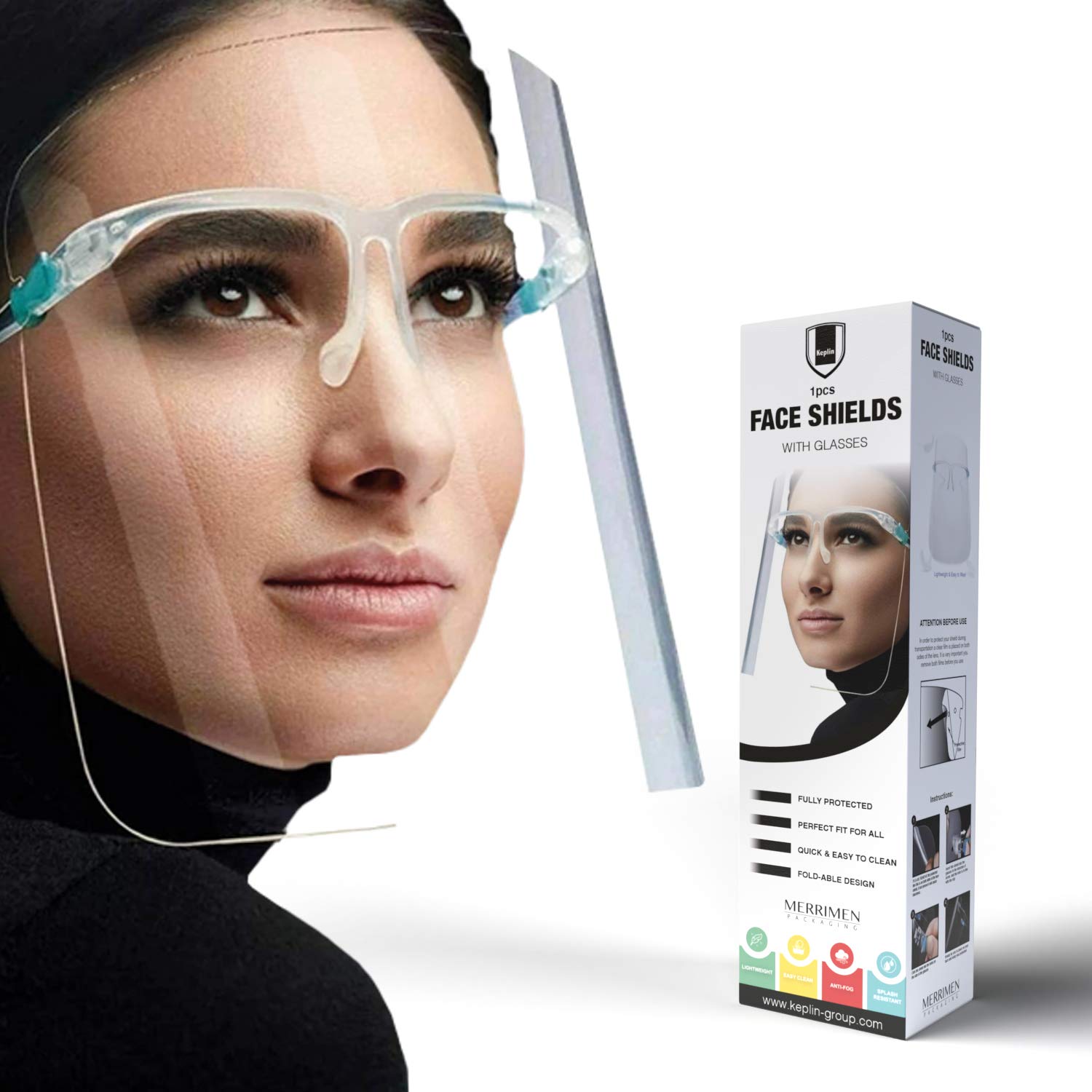 1 x Face Protective Shield Visor with Glasses, Easy Wear, Transparent Plastic, Adjustable, Fluid Resistant to Prevent Splashes, Clean Anti-Fog Lens for Daily activities and Working Comfortable