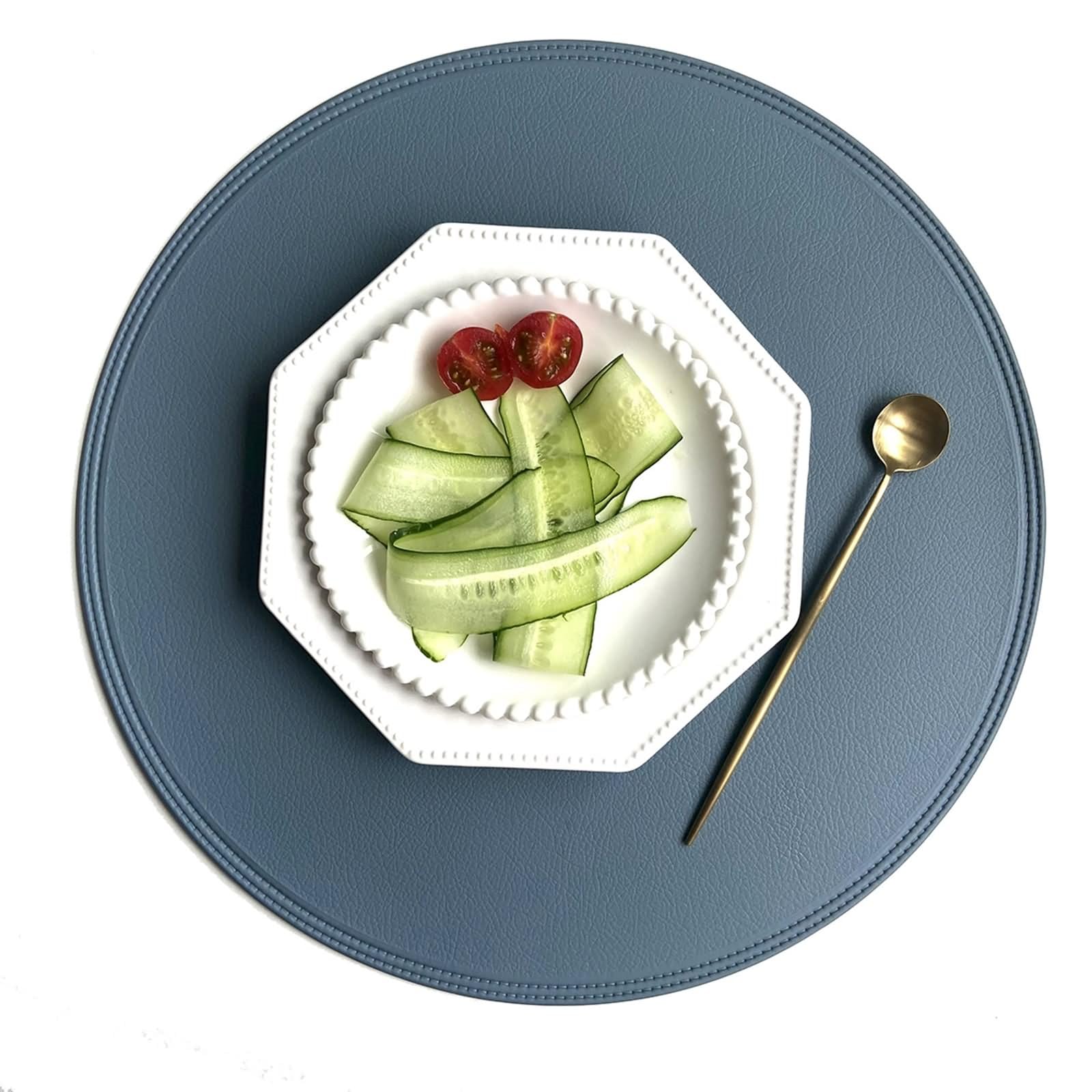 Juego de 6 salvamanteles de mesa de color azul, juego de 6 manteles individuales, XXL, 38 cm, borde prensado, en piel de PVC, para cocina, restaurante, mesa de comedor