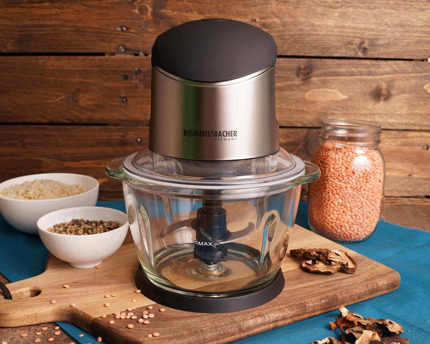 ROMMELSBACHER Hachoir multifonction MZ 400 – Moteur puissant, lame spéciale à 4 lames en acier inoxydable, récipient en verre 1 litre, noir/chrome brossé, 400 W