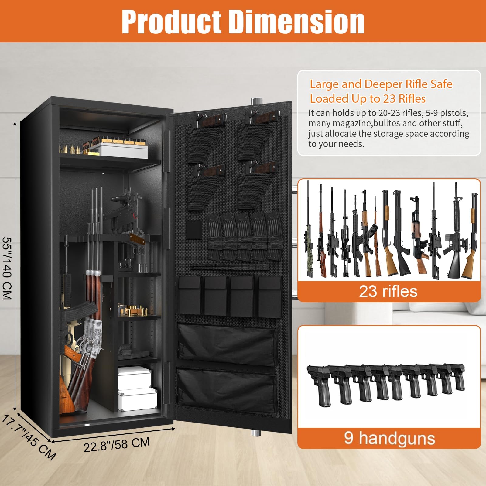 Large Rifle Safe, 20-30 Gun Safe for Rifle and Shotgun/Rifle Pistol Rack/Storage Pocket/Removable Shelf/Silent Mode/External Battery/LED/Key,180° Open Door Panel Organizer Long Gun Safe Unassembled