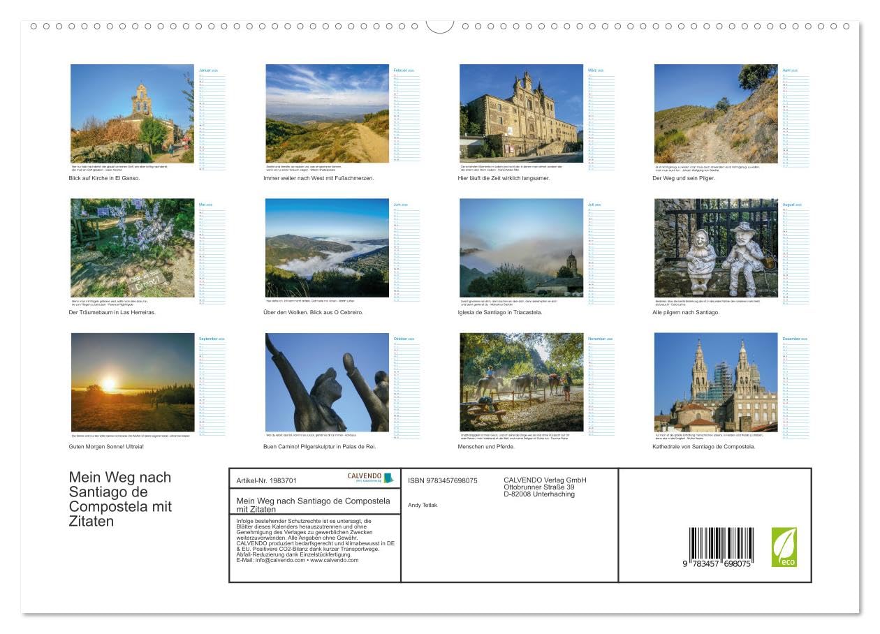 Mein Weg nach Santiago de Compostela mit Zitaten (hochwertiger Premium Wandkalender 2026 DIN A2 quer), Kunstdruck in Hochglanz: Mit diesem Kalender ... de Compostela wandern. (CALVENDO Orte)