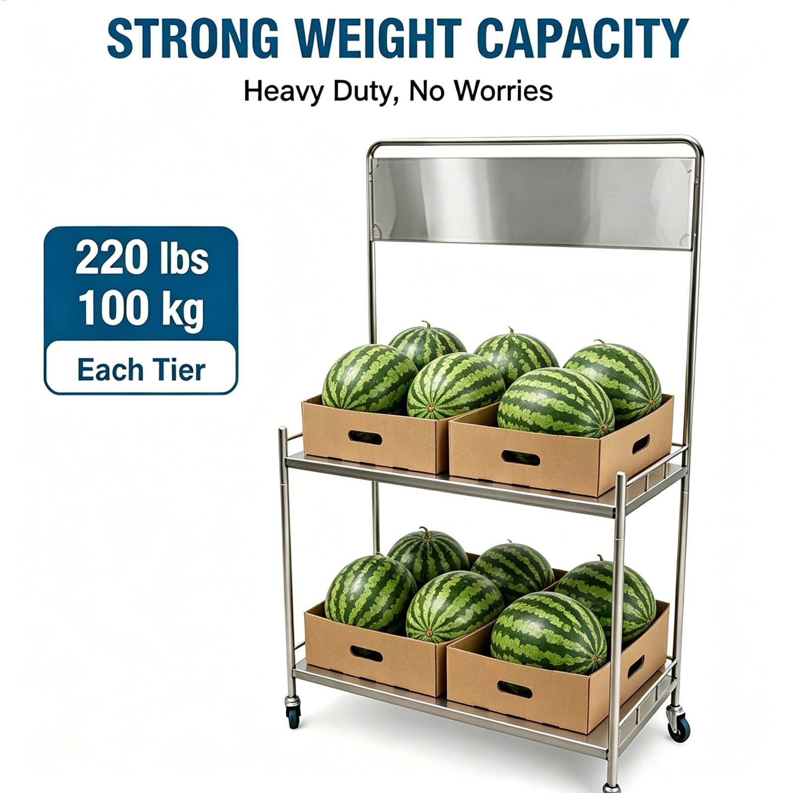 Carro de Venta Móvil de Acero Inoxidable 430, con Capacidad de Carga de 100 Kg y Diseño de Dos Niveles, Puestos del Mercado con Bloqueo, para Mercados de Agricultores, Carritos de Postres(60cm/24in)