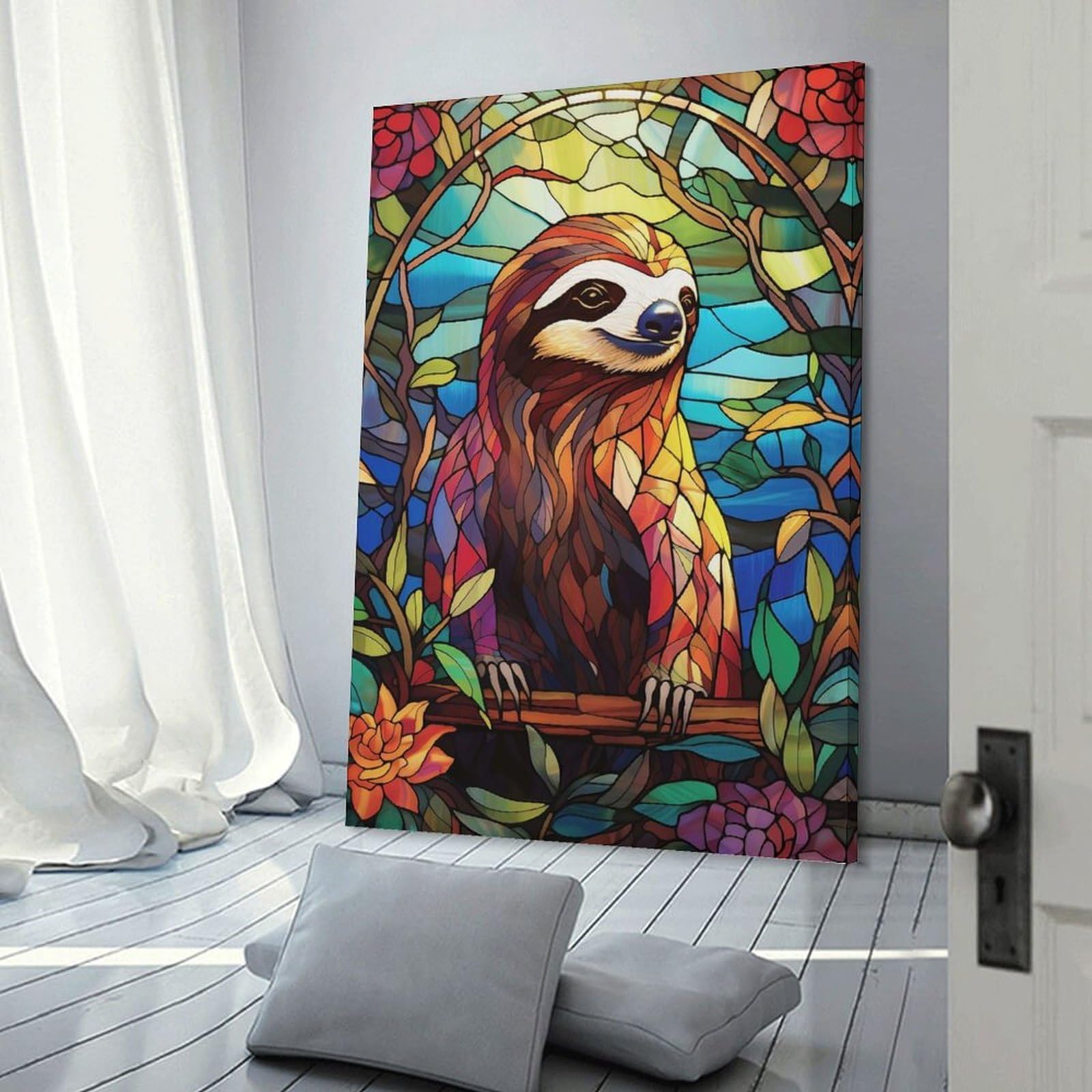 Junmoney Stained Glass Sloth in Floral Frame Home Decor Wall Art 24x36inch(60x90cm), for Living Room, Lounge Or Sitting Room, A Home Accent with Warm Character