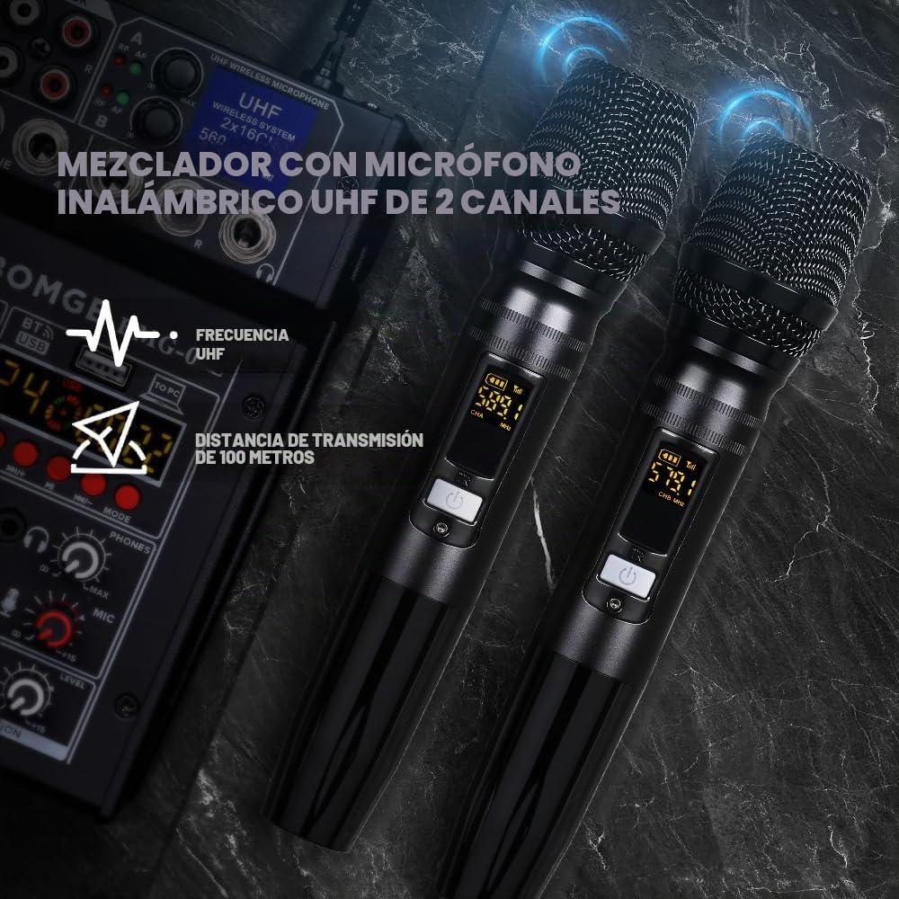 BOMGE 04E - Mezclador de audio para karaoke, mezclador de 4 canales con micrófono inalámbrico UHF dual, consola de placa de sonido, MP3, Bluetooth, 48 V, alimentación fantasma, interfaz de audio USB,