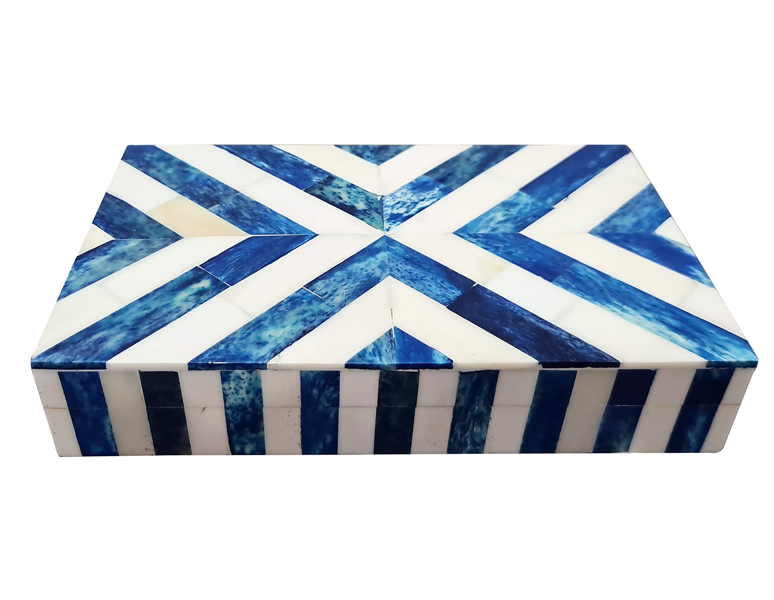 collectiblesBuy Handmade Blue & White Chevron Bone Inlay Jewelry Box – Decorative Keepsake Organizer | Modern Storage Chest for Vanity, Dresser, Home Décor & Gift Accent