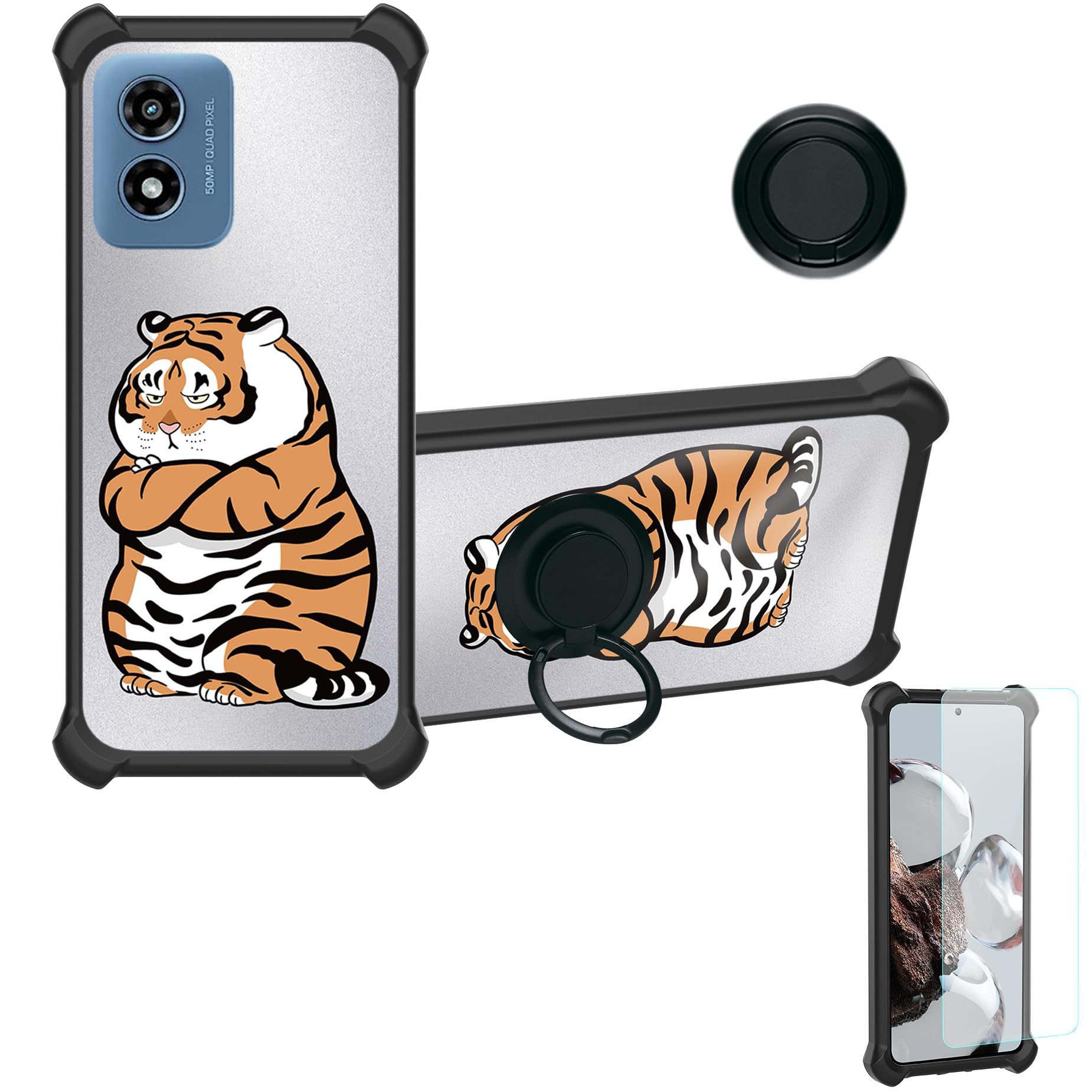 jioeuinlyCase Compatible for Motorola Moto G Play 2024 Phone Case Cover [with Tempered Glass Screen Protector][Hard PC + Soft Silicone][Ring Support] [Silver Reflect Light] DYH-PH