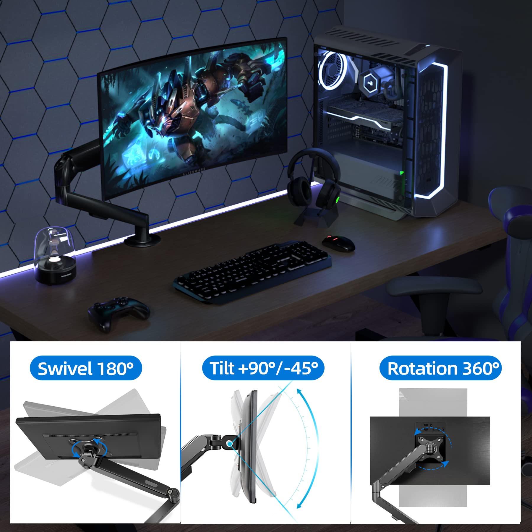Support Écran PC Moniteur Bras Simple de 17 à 34 Pouces Ergonomique Ressort à Gaz Réglable Fixation Bureau Rotatif à 360° Capacité de Charge 2-9 kg VESA 75x75mm et 100x100mm M5B Noir