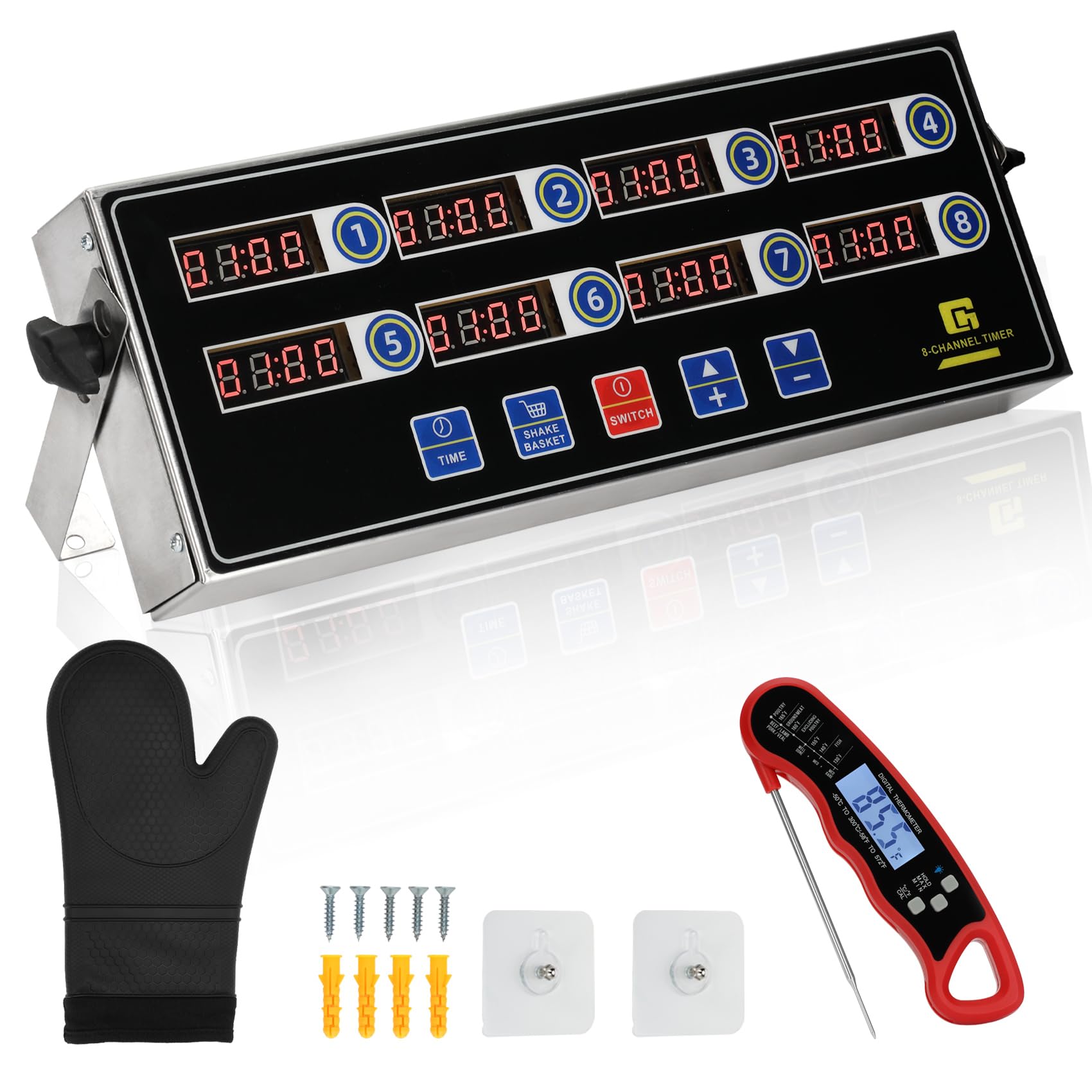 Commercial Kitchen Timers for Cooking, 8-Channel Timer for Commercial Kitchens, Heavy-Duty Loud Alarm Timer for Restaurants, Stainless Steel, LED Technology