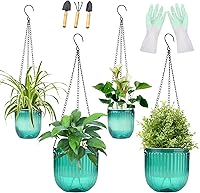 4-Pack Self-Watering Hanging Planters with Drainage - Indoor/Outdoor Baskets for Plants, Succulents, Flowers - Lightweight Durable Green Pots