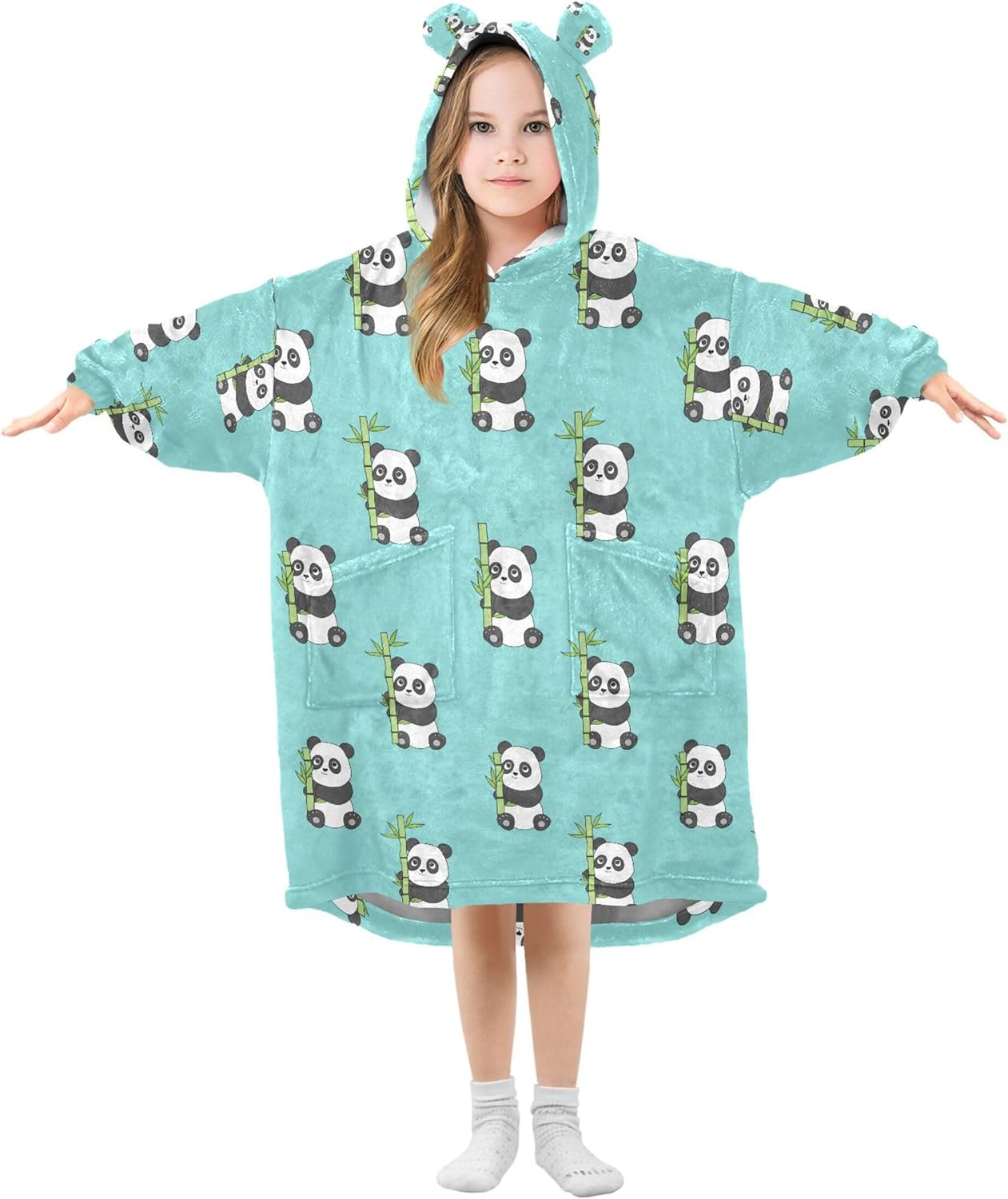 Cute Panda Kids Wearable Blanket Hoodie with Pocket and Sleeves for Toddlers, Cute Hoodies Girls Boys B0404188