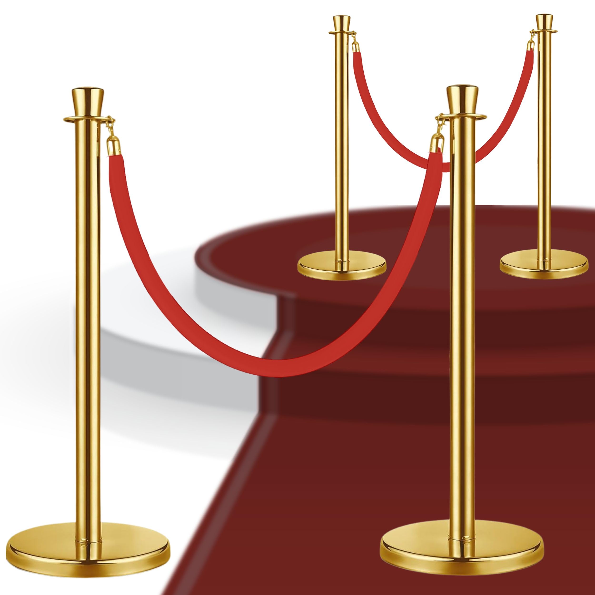 2 PCS Gold Stanchions with Red Ropes - Velvet Rope Posts for Crowd Control VIP Poles for Red Carpet Events Stylish Stanchion Set for Parties Weddings and Special Occasions