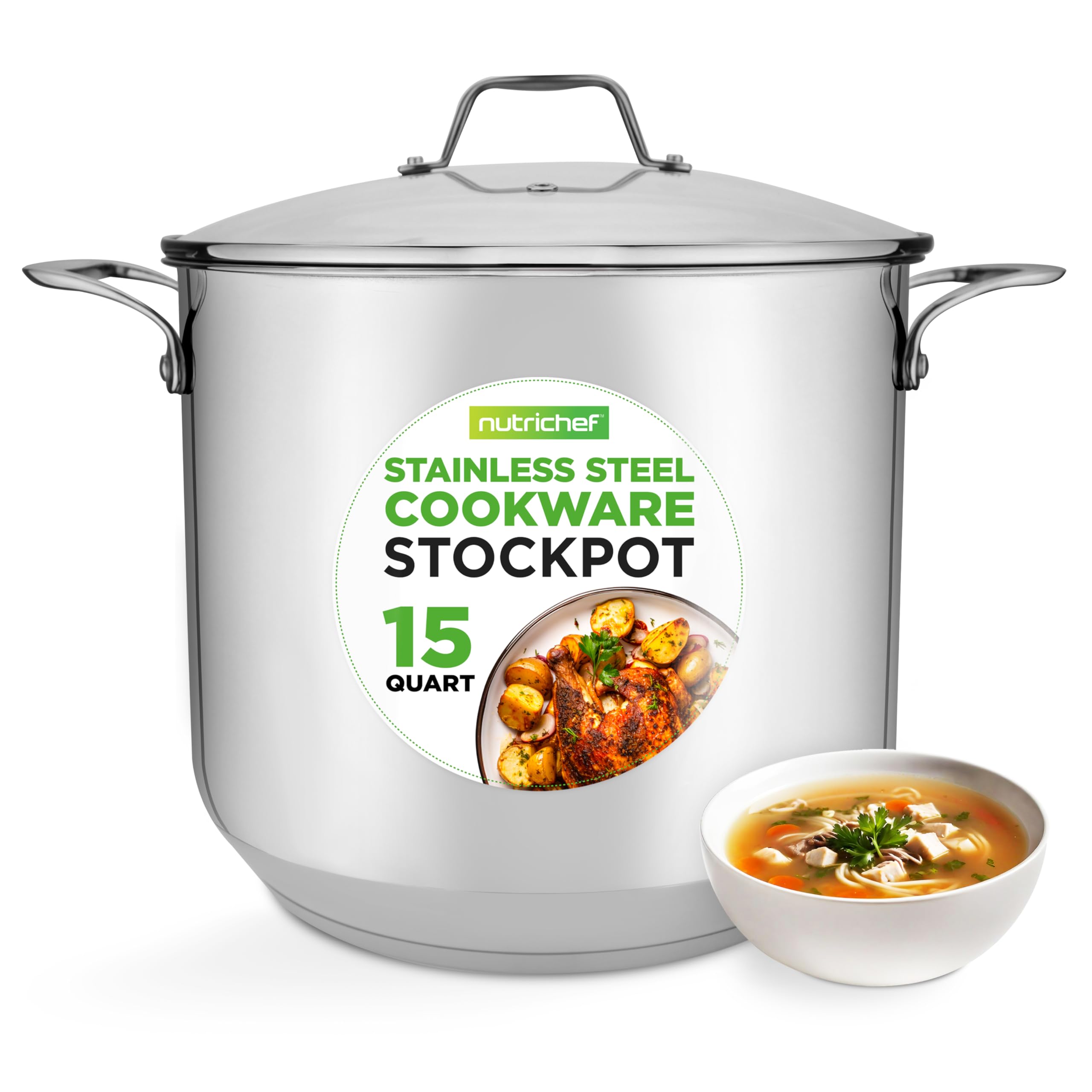 NutriChef Stainless Steel Stock Pot-18/8 Food Grade Heavy Duty Induction-Large, Stew, Simmering, Soup See Through Lid, Dishwasher Safe NCSP16, 15 Quart Pot