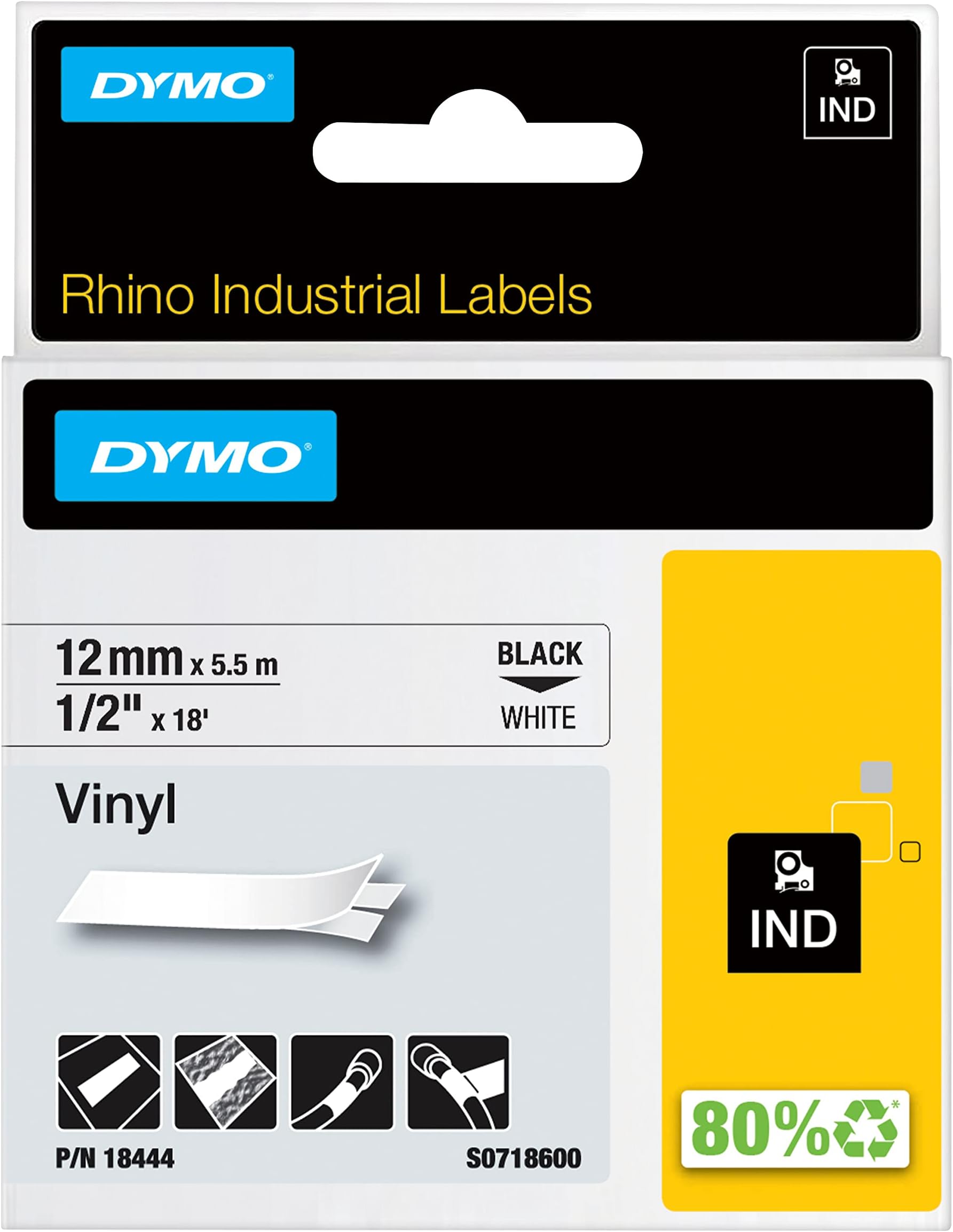 Rhino Label, White 1.3 cmX18', Dymo Authentic