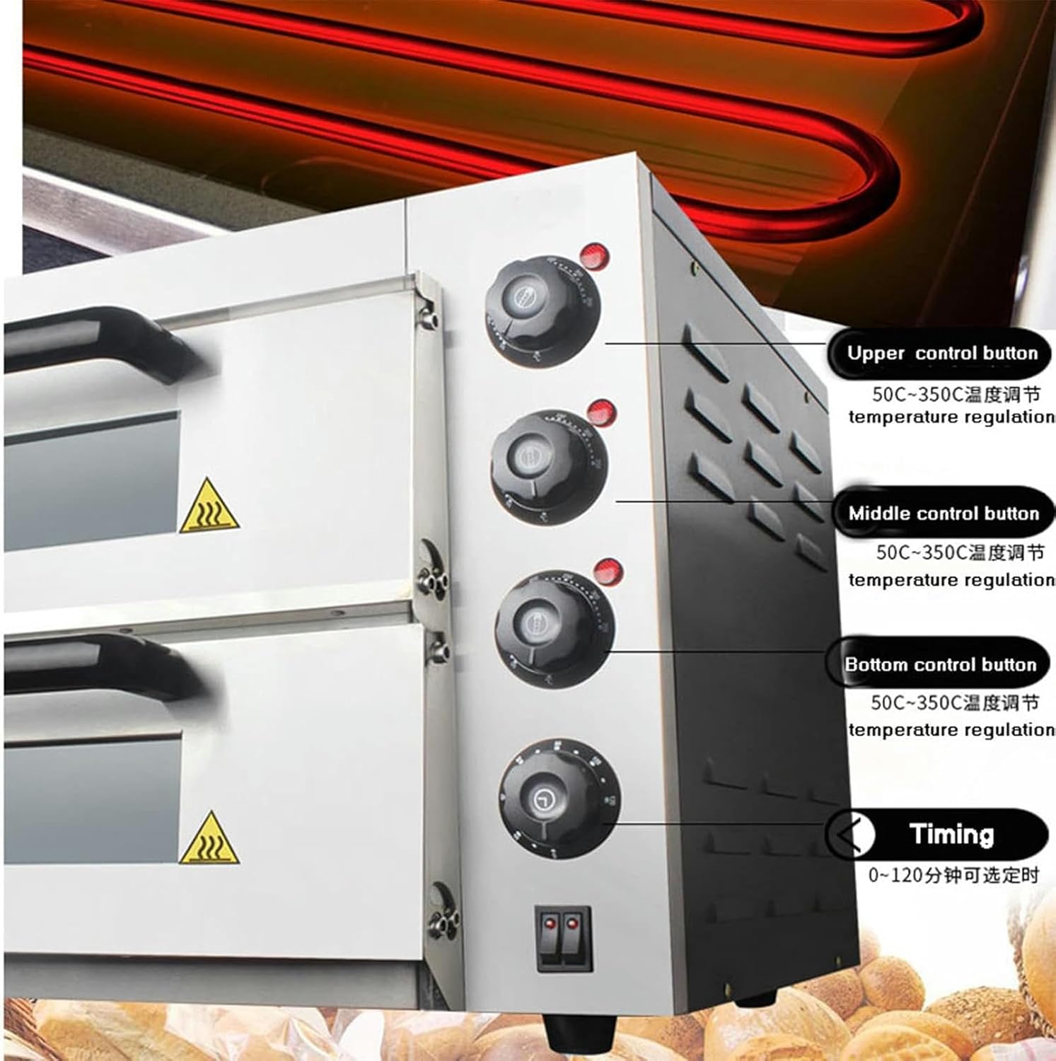 Commercial Pizza Oven Countertop, 14" Double Deck Layer, 3000W Stainless Steel Electric Pizza Oven with Stone and Shelf, Multipurpose Indoor Pizza Maker for Restaurant