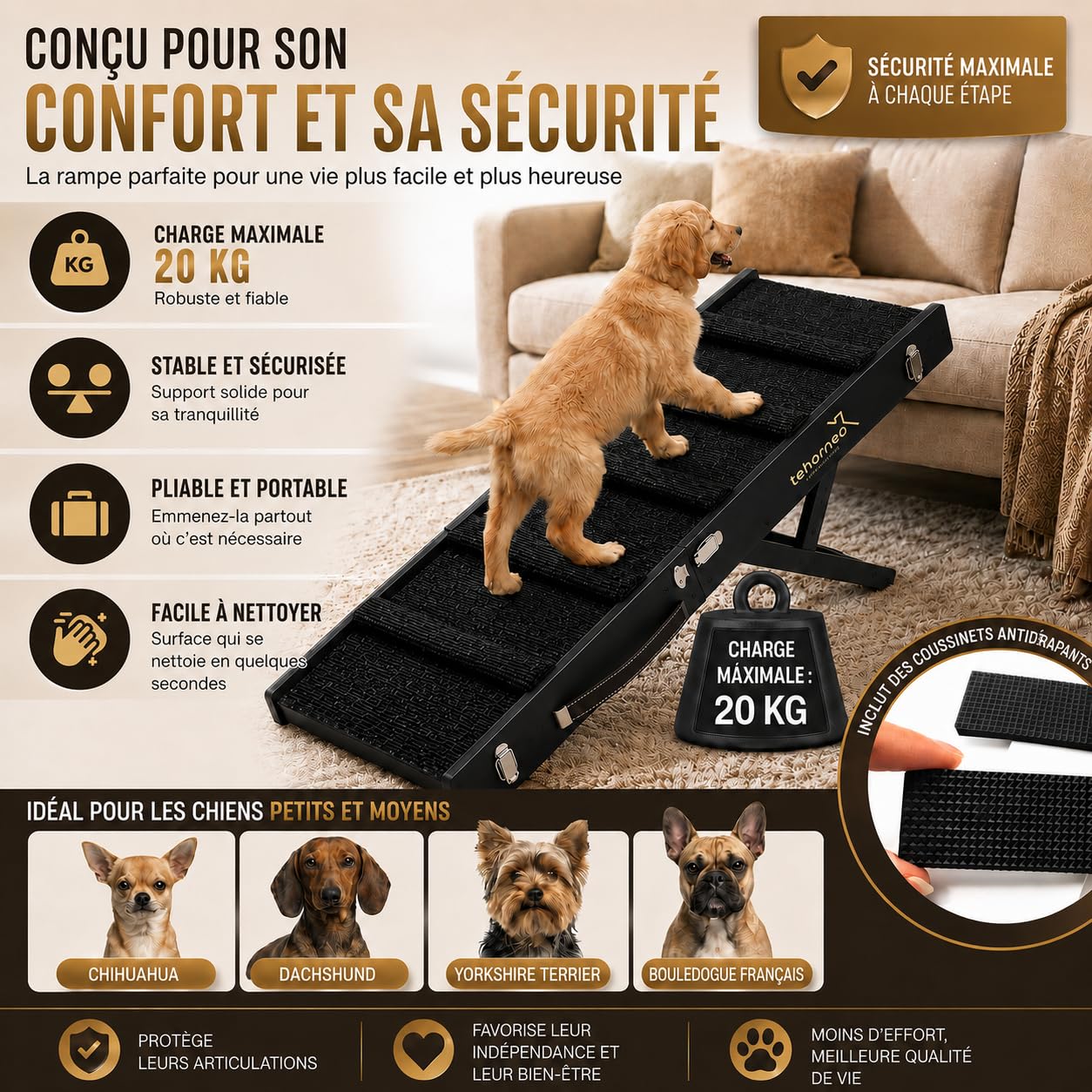 TEHORNEO Rampe pour Chien, Rampe Chien 4 Hauteurs de 25 cm à 41 cm, Escalier pour Chien Supporte jusqu'à 20 kg avec Tapis Antidérapant, Rampe pour Chien Canapé, Rampe pour Chat, Escalier Chien