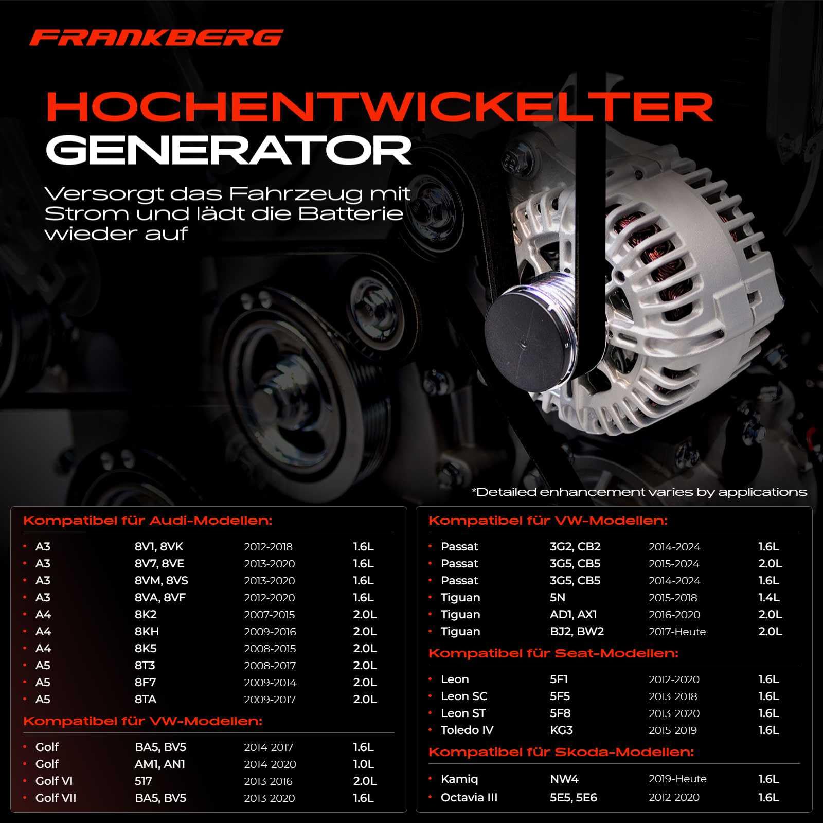 Frankberg Lichtmaschine Generator Kompatibel mit A4 8K2 B8 2.0L 2007-2015 Golf VII 5G1 BE1 1.4L-2.0L 2012-Heute Replace# 03G903016B