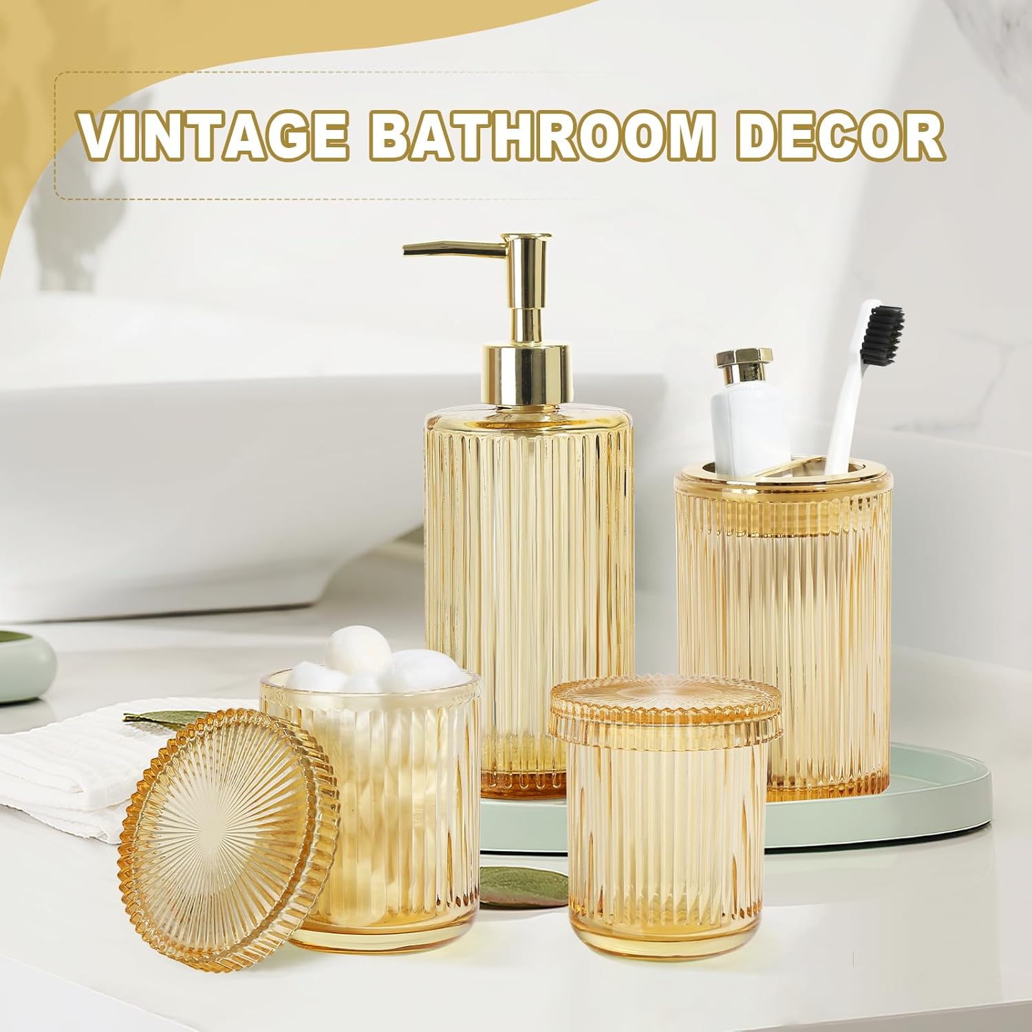 KASUNTING Gold Bathroom Accessories 4 Pcs, Gold Glass Soap Dispenser and Toothbrush Holder Set, Qtip Holder Set, Glass Bathroom Soap Dispenser Set, Yellow Orange Bathroom Decor