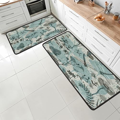 Miniatura 1 de ducanll Tapete de cocina con patrón de textura de libélula 2 piezas y alfombras acolchadas antifatiga de 47 x 17 pulgadas29 x 17 pulgadas,