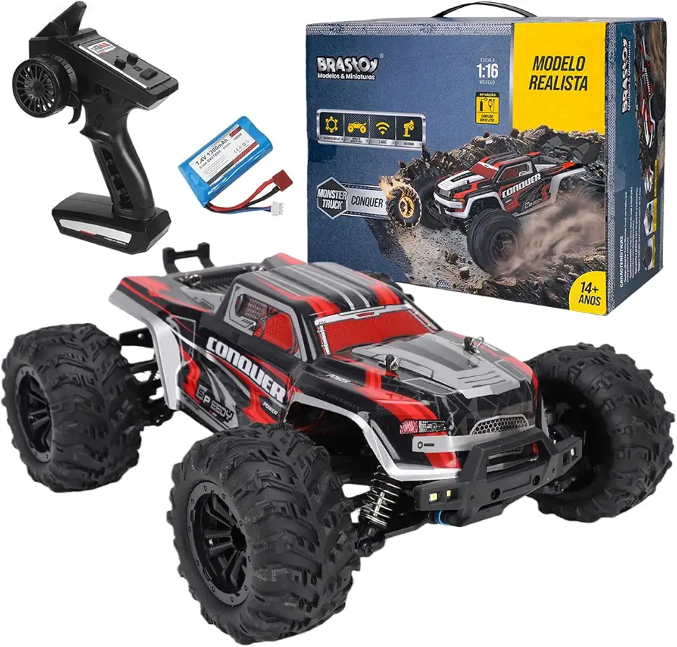 Carrinho de Controle Remoto RC 1:16 Off-Road 30km/h Carro de Alta Velocidade (Vermelho)