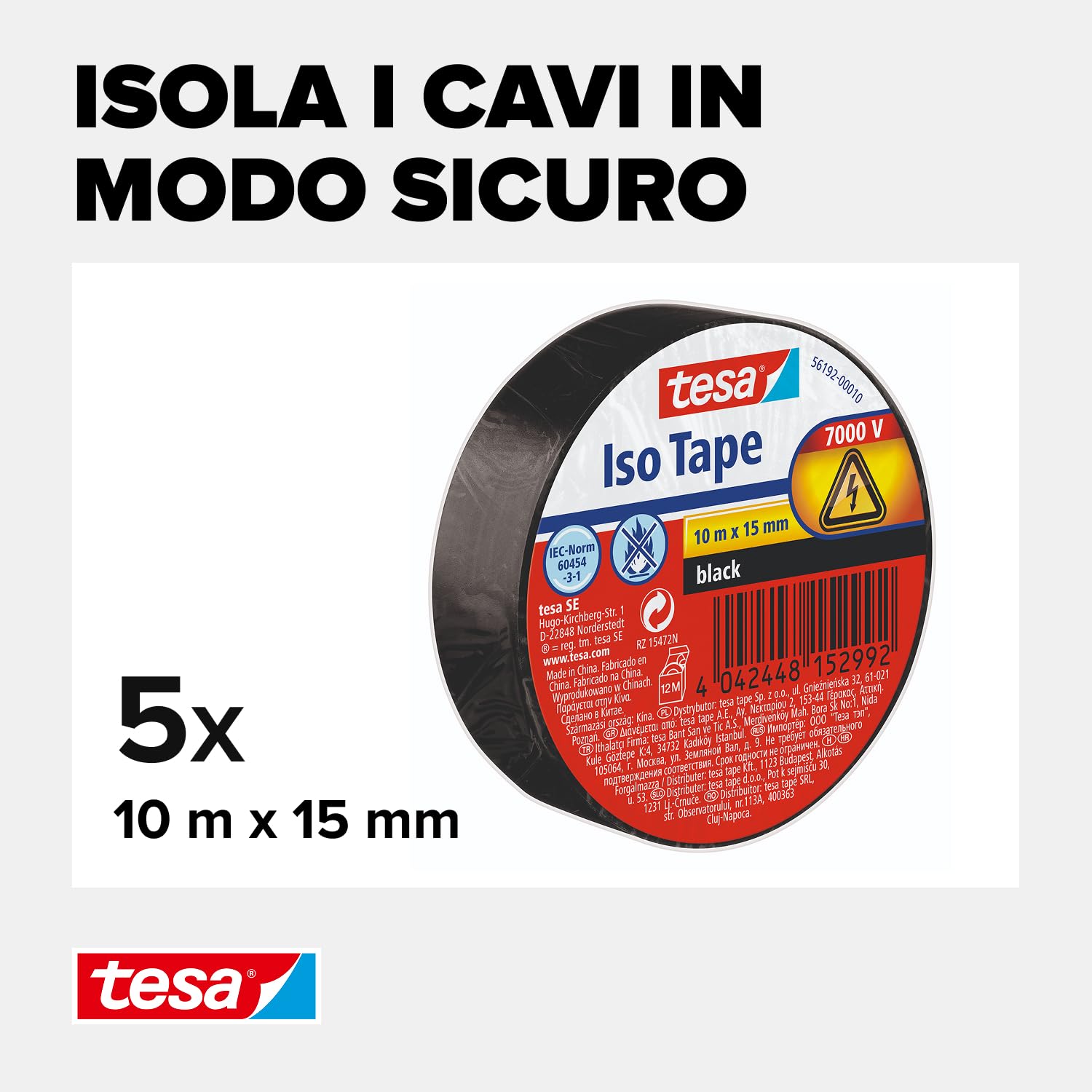 tesa nastro isolante in confezione da 5, Nastro isolante autoadesivo, resistente al calore, Per isolare, riparare e impacchettare, 5x 10 m : 15mm, Nero