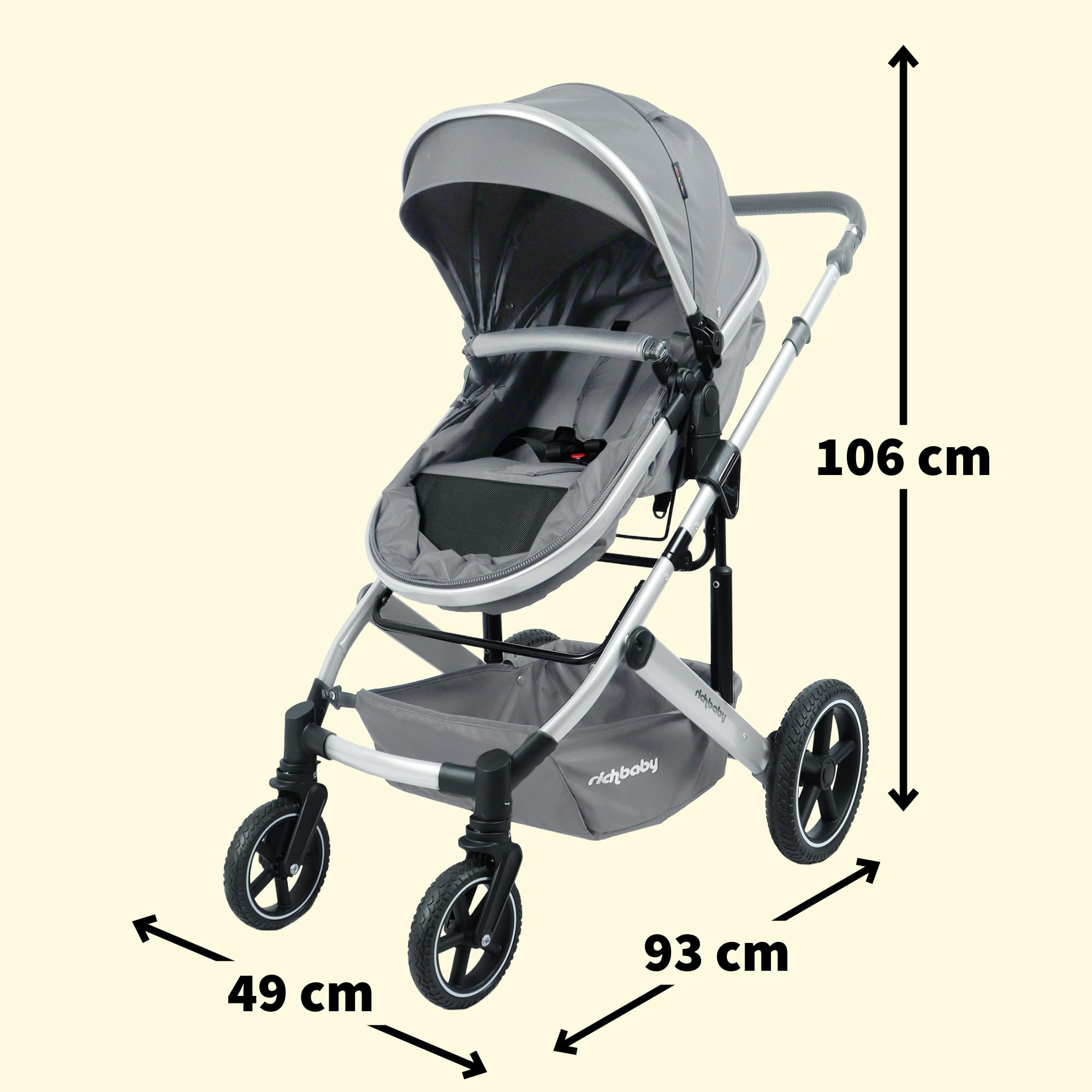 RichBaby Carrozzina Cruise – Pieghevole con una sola mano, reversibile, sospensione a tutte le ruote, telaio ammortizzante, cappuccio estensibile, nascita fino a 15 kg (3 anni), grigio