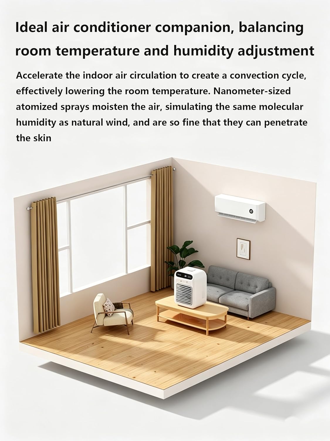 Air Conditioner Cooling Fan Portable Mini Evaporative Air Cooler 2-Speed Adjustable 500ml Water Tank Both Charging and Inserting Quiet 20dB for Bedroom, Office, Home, Dorm
