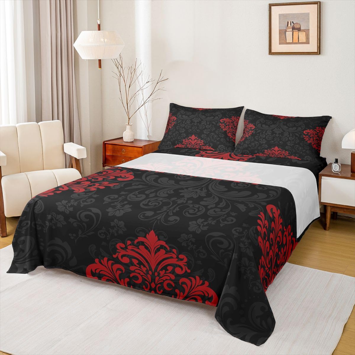 Homemissing Set di lenzuola gotiche rosse per letto matrimoniale con stampa damascata e tasca profonda, lenzuolo con angoli in stile antico barocco vittoriano, set da letto morbido, 4 pezzi con 2