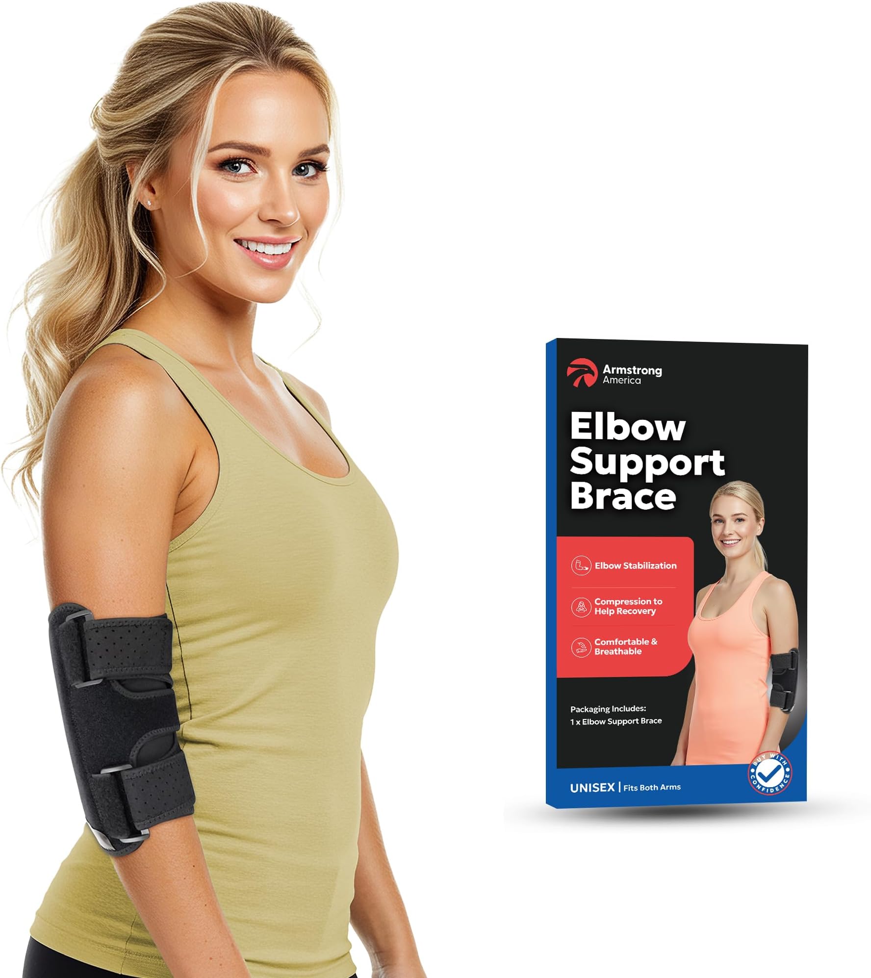 Elbow Brace for Comfortable Elbow Support - Adjustable Stabilizer to Keep Your Elbow Immobilized & Your Arm Straight with Two Removable Metal Splints Great Night Elbow Splint for Sleeping (Fits Most)