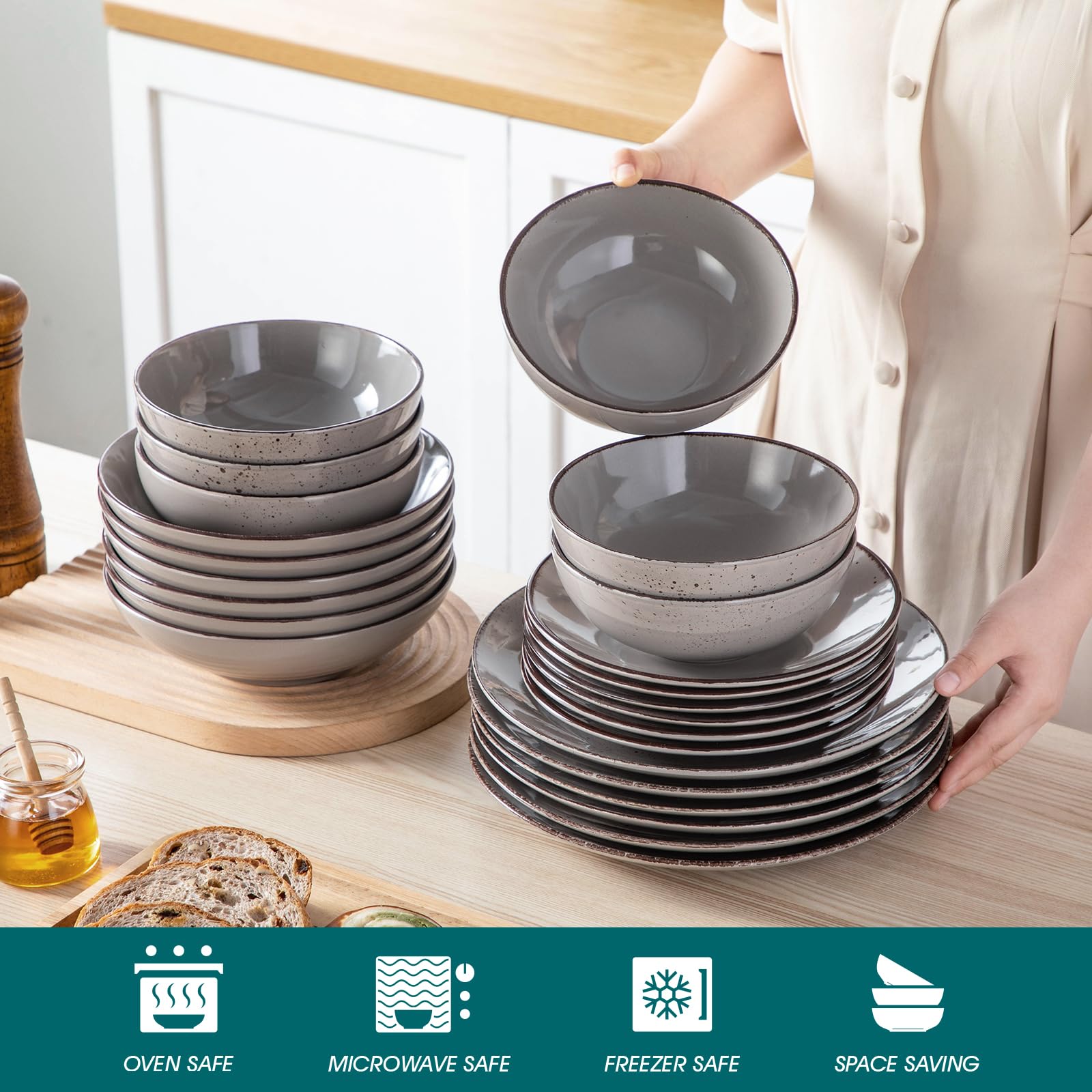 vancasso Navia 24 Pieces Stoneware Dinner Set for 6, Vintage Look Grey Tableware Set with Dinner Plates, Dessert Plates, Soup Bowls & Cereal Bowls, Dishwasher & Microwave Safe — view 4