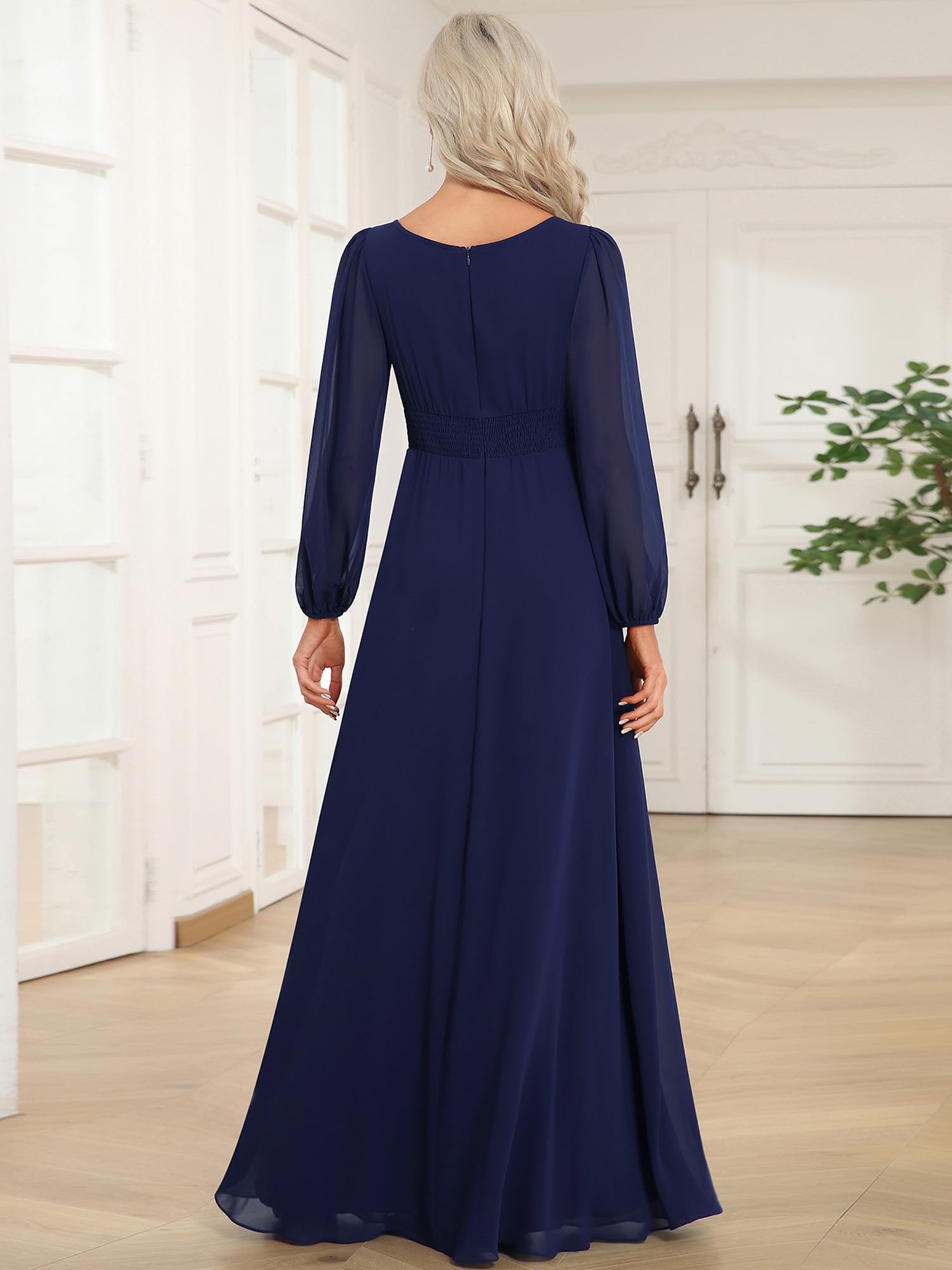 Ever-Pretty Robe Demoiselle d'honneur Femme Longue Manches Longues Col Rond Mousseline Chic ES0106B