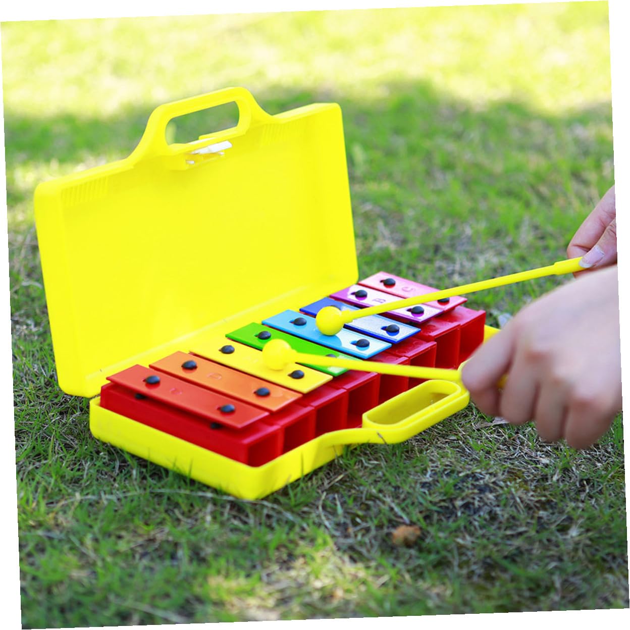Instrumento de Percusión de 8 Notas Placa Colorida y Caja | Abs y Metal, Diseño Portátil Asa, Incluye Baqueta Uso Fácil, Sonido Claro, 1 Juego