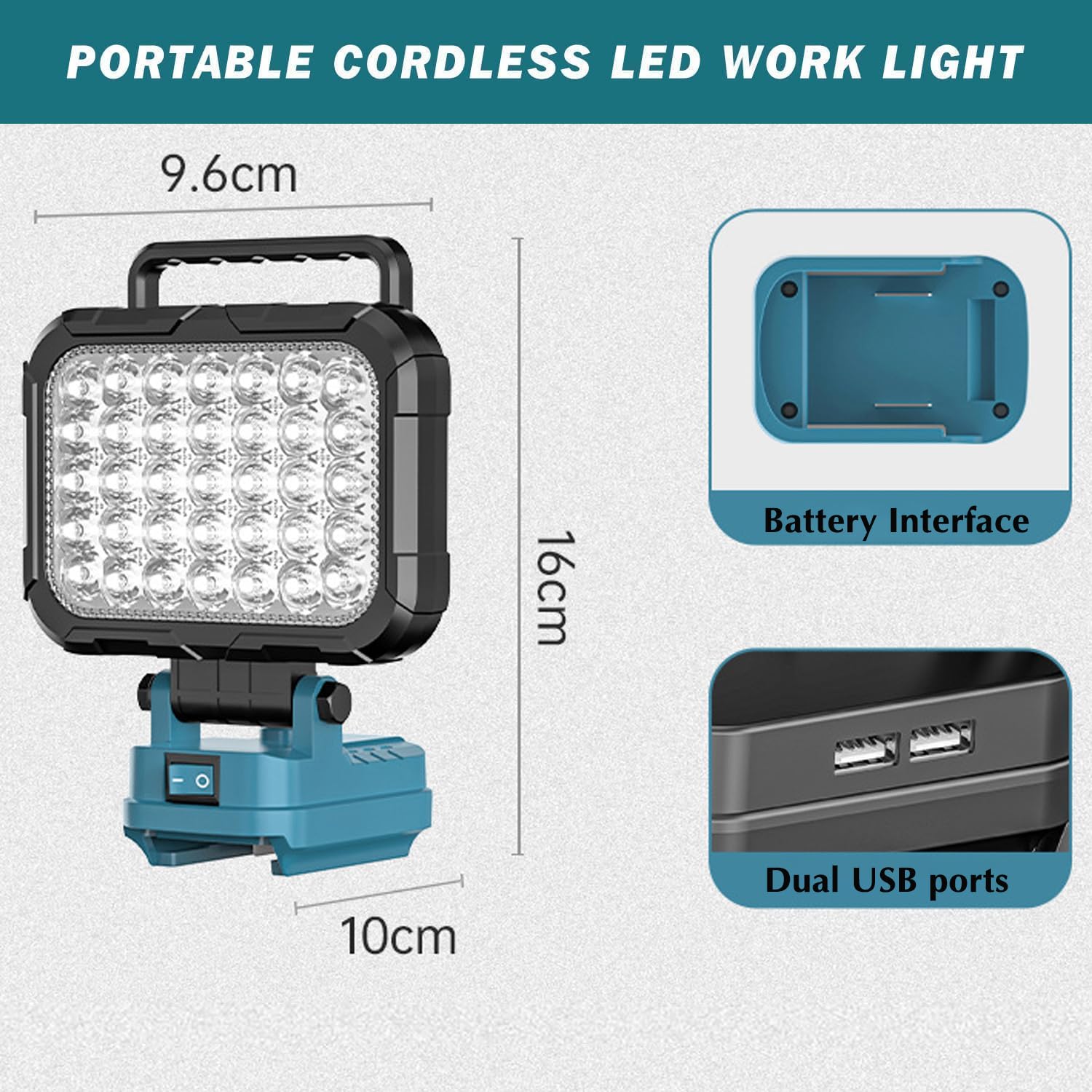 Yaasier Lámpara LED con batería para Makita 18V, Luz de trabajo LED inalámbrica 4800LM Con 2 puerto de carga USB, lampara recargable portatil para jardines, patios traseros, garajes