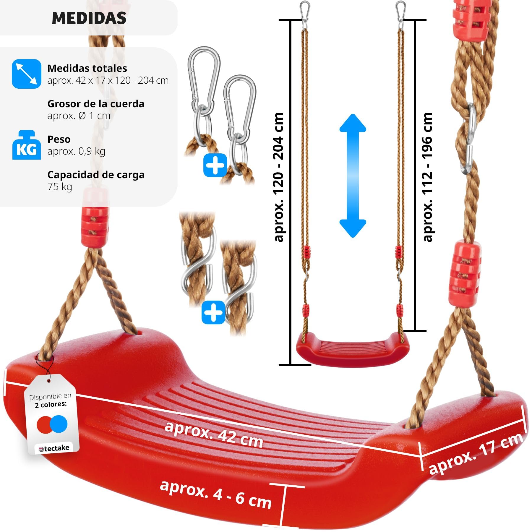 Tectake Columpio de jardín para zona de juegos al aire libre Nuestro interior para niños y adultos con cuerda oscilante y mosquetones y superficie antideslizante, Max. 75 kg