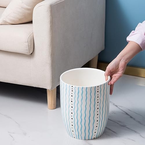 Miniatura 6 de Cesta de basura pequeña y duradera para baño dormitorio oficina y más capacidad de 275 galones con elegante línea ondulada azul de cerámica