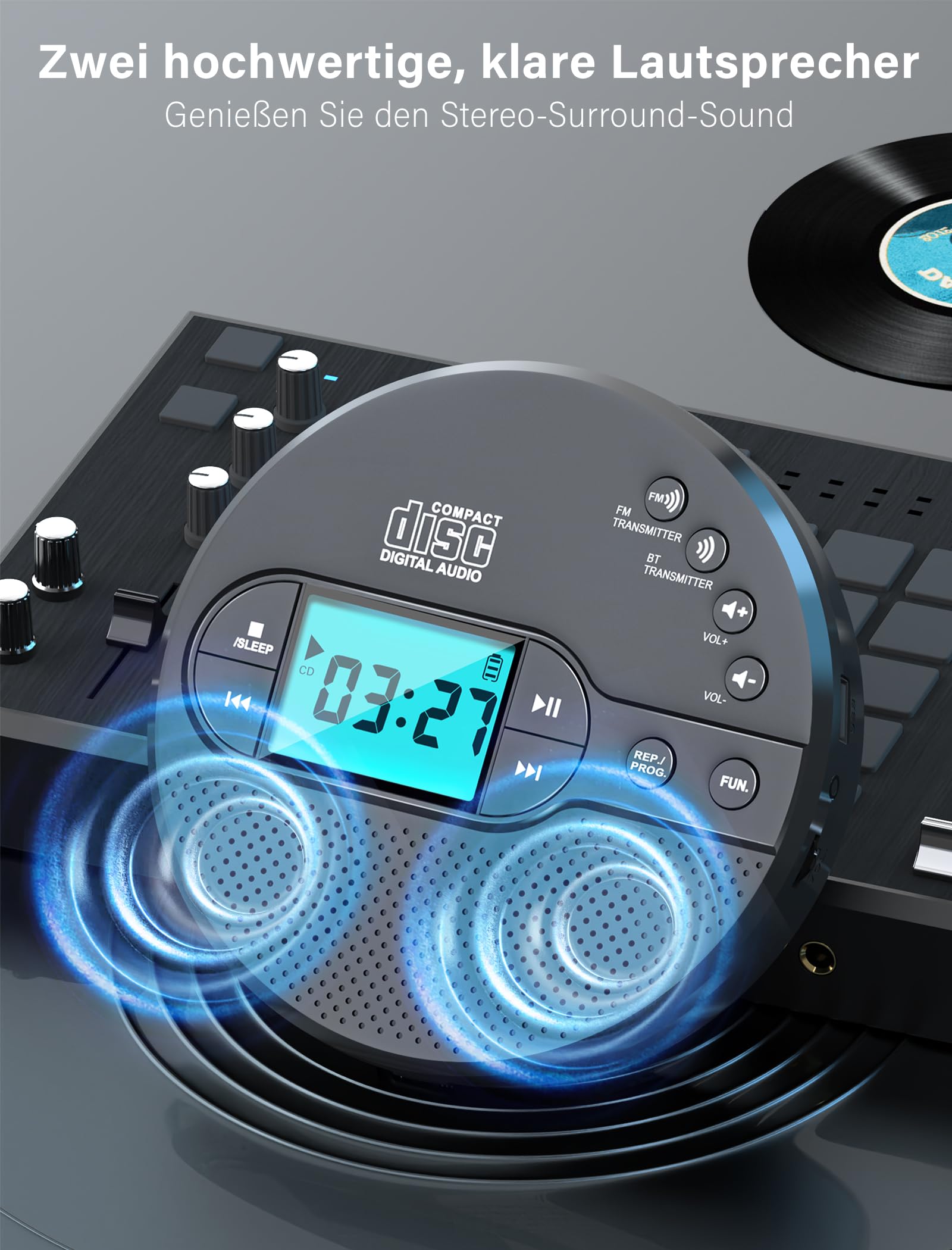 Discman-CD-Player mit Bluetooth-FM-Transmitter, Kopfhörern, LCD-Bildschirm, AUX, integriertem Lautsprecher, USB-Anschluss, 2000mAh wiederaufladbarer CD-Player tragbarer mit Anti-Skip-Schutz