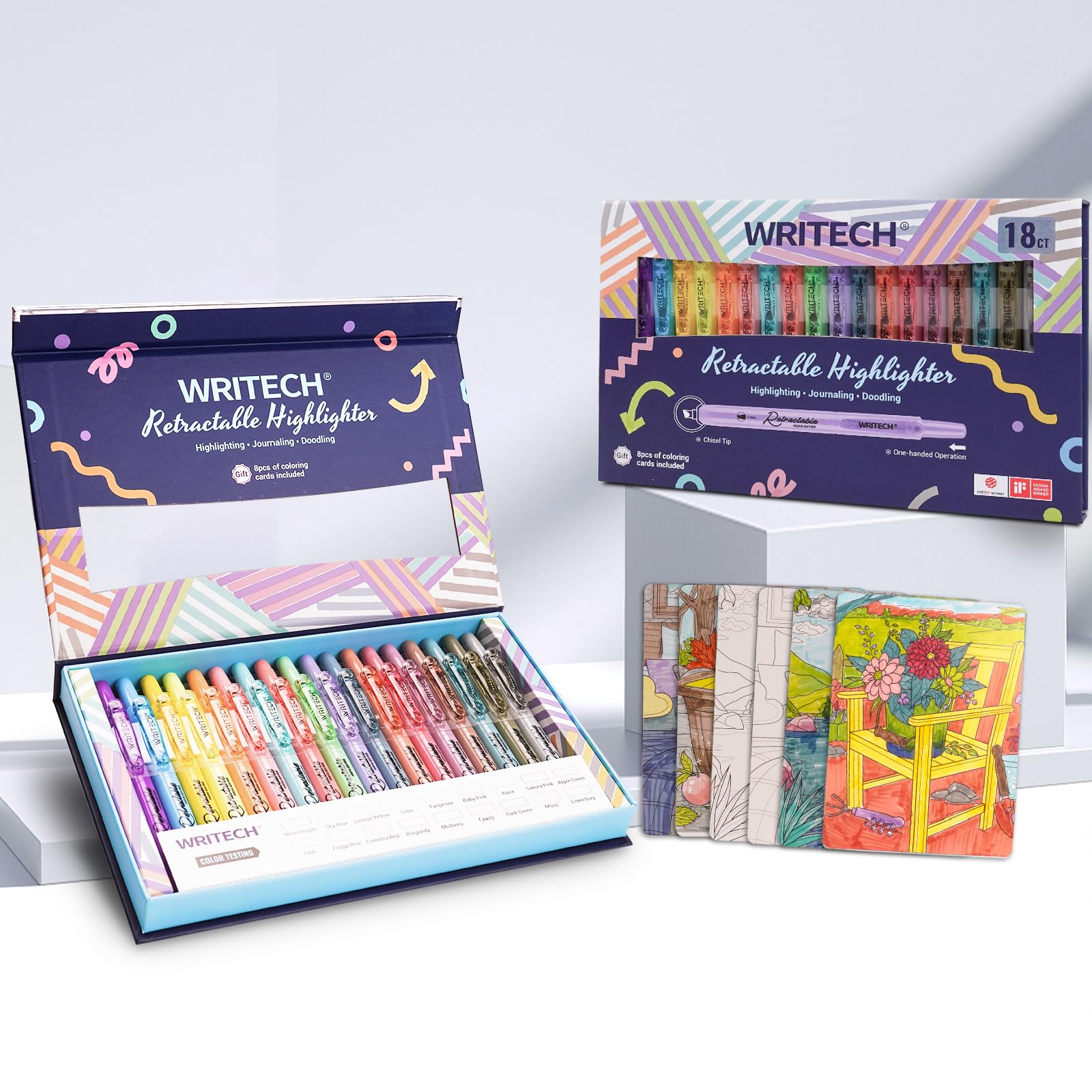 WRITECH Retractable Highlighters Assorted Colors: 18ct Aesthetic Highlighter Markers with Gift Case Multicolor Ink Chisel Tip No Smear for Highlighting Journaling Coloring Bible