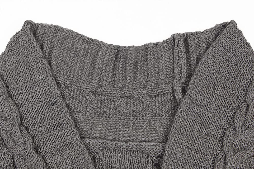 Cardigan Femme, Cardigan Femme Vintage Gris Foncé Col V Losange Torsadé Poche Jacquard Mi-Long Manteau En Tricot Doux Printemps Automne Chaud Veste En Tricot Manches Longues Bouton Ouvert Pull Sor