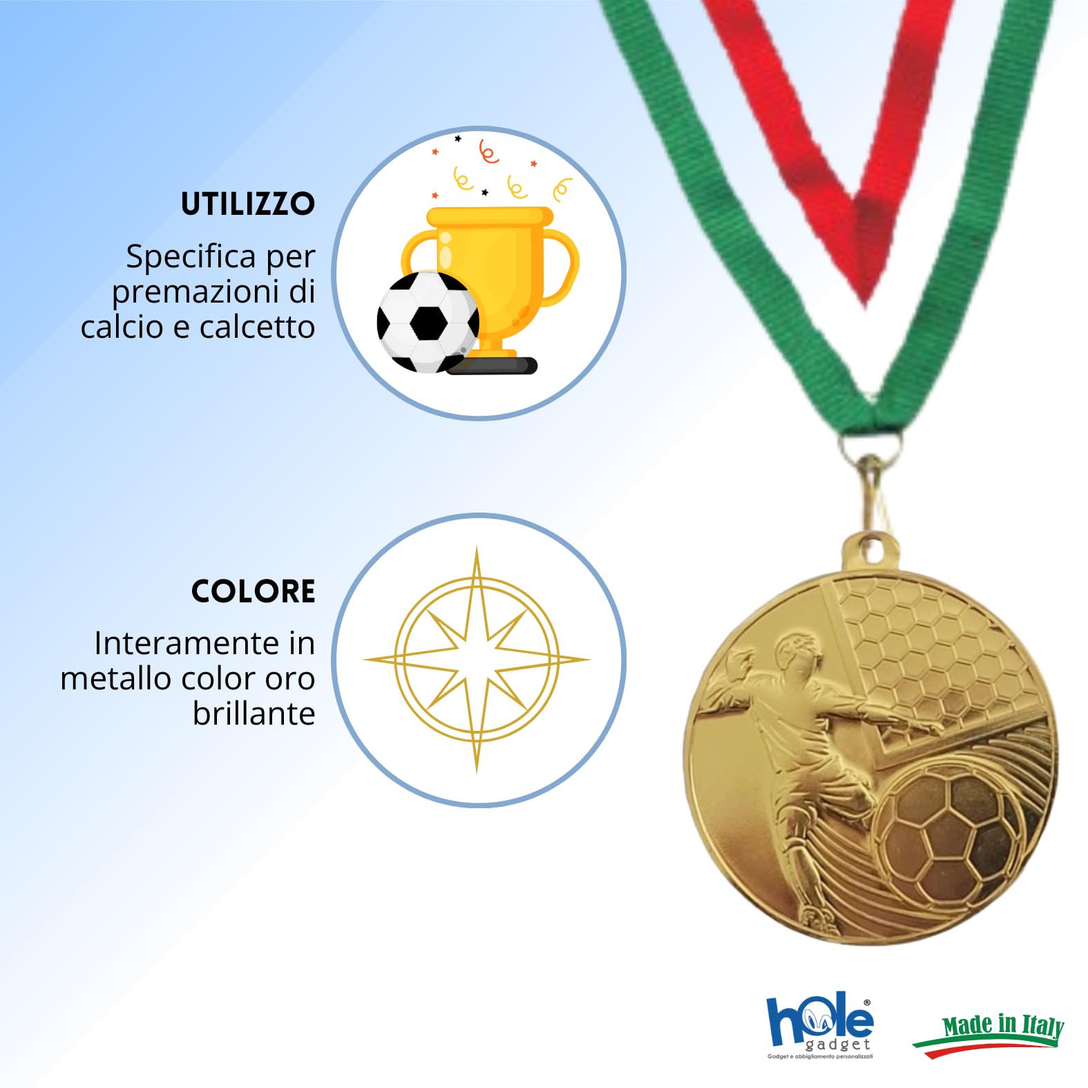 Medaglie Premiazioni Calcio e Calcetto Personalizzate Vittoria Sportive da 5 cm con Laccetto Personalizzabili in Metallo con Stampa Personalizzata, Sport cod. 23.07.50.20G
