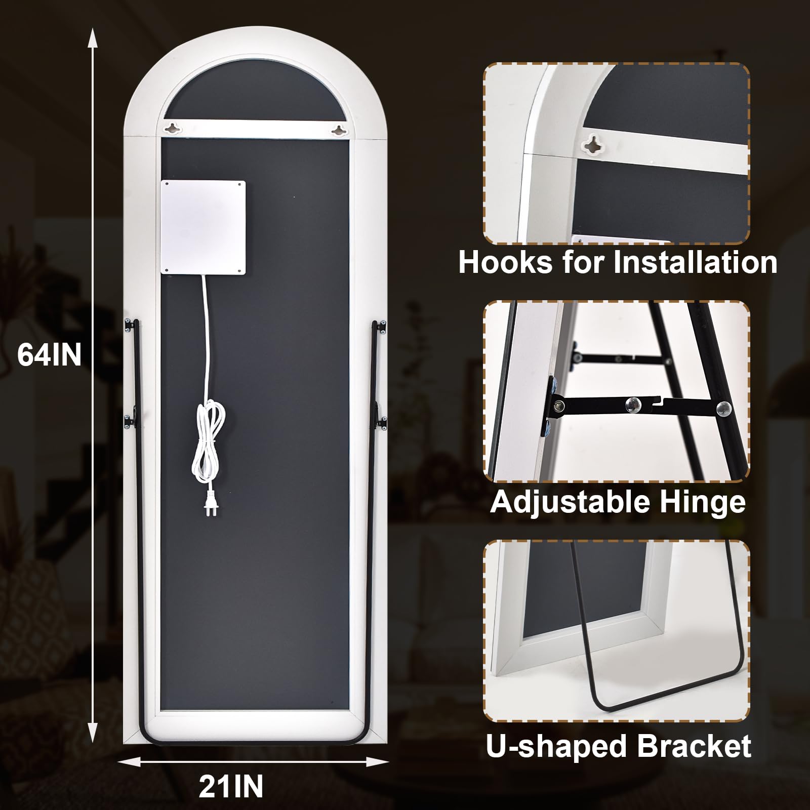 GLSLAND 20"x56" Arched LED Full Length Mirror with Lights – Wall Mounted or Standing Full Body Mirror for Bedroom/Cloakroom – Dimmable with 3 Color Lighting Modes: Arched 64"L x 21"W