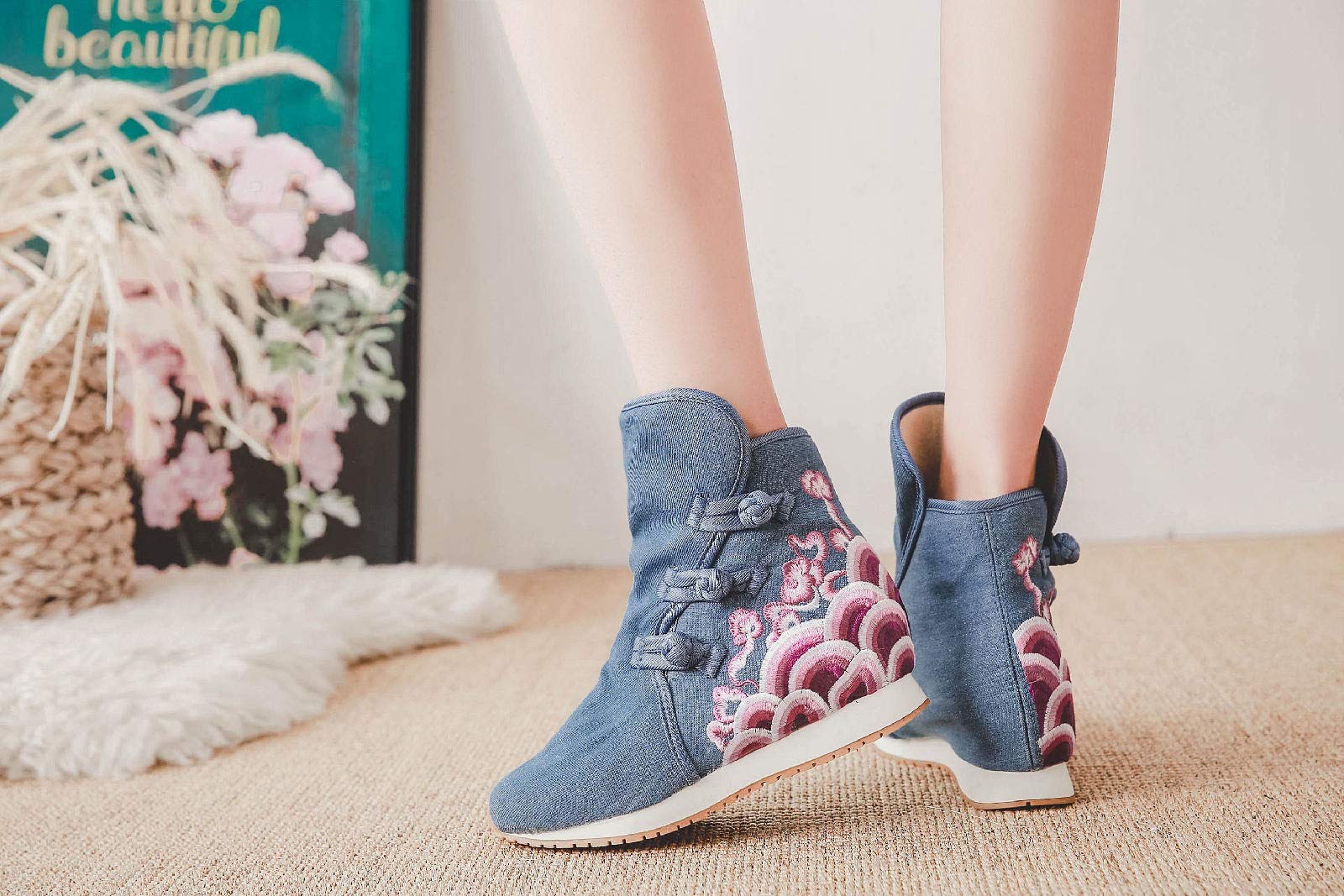 Lazutom Mujeres Señora Estilo Chino Bordado Invierno Botines Comodidad Deportes Zapatos De Lona, Blue, 38 EU
