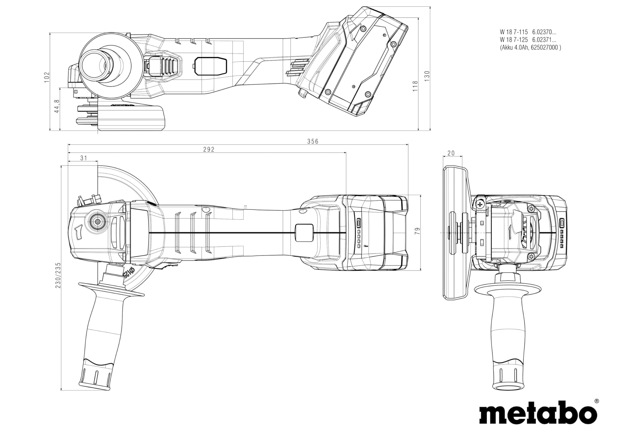 Metabo W 18 7-125 602371850 - Smerigliatrice angolare a batteria, 125 mm, senza spazzole, senza batteria, senza caricatore, 18 V