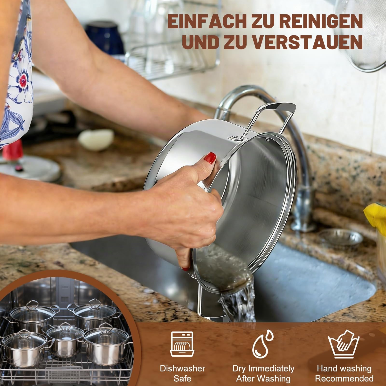Topfset Induktion 10-Teilig, Topfset aus Edelstahl mit Glasdeckel und Stielkasserolle, Induktions Töpfe set, für alle Herdarten, unbeschichtet,Induktion Topf Kochtopf Set,Silber