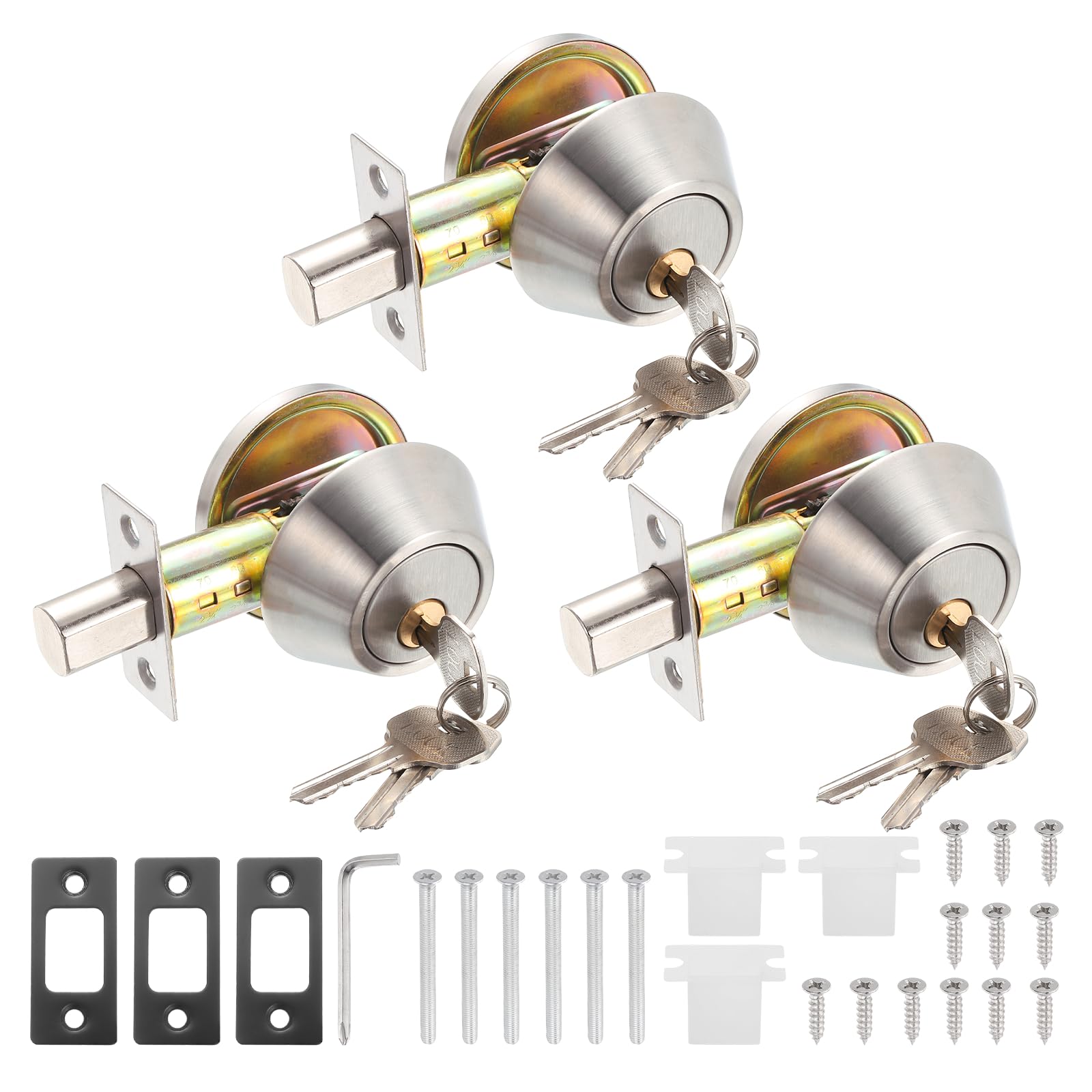 PATIKIL Door Lock Set with Single Cylinder Deadbolt (2 Inch, Silver) (3 Set), Round Ball Exterior and Interior Door Knobs, Suit for - Bedroom/Bathroom/Office, Keyed Alike