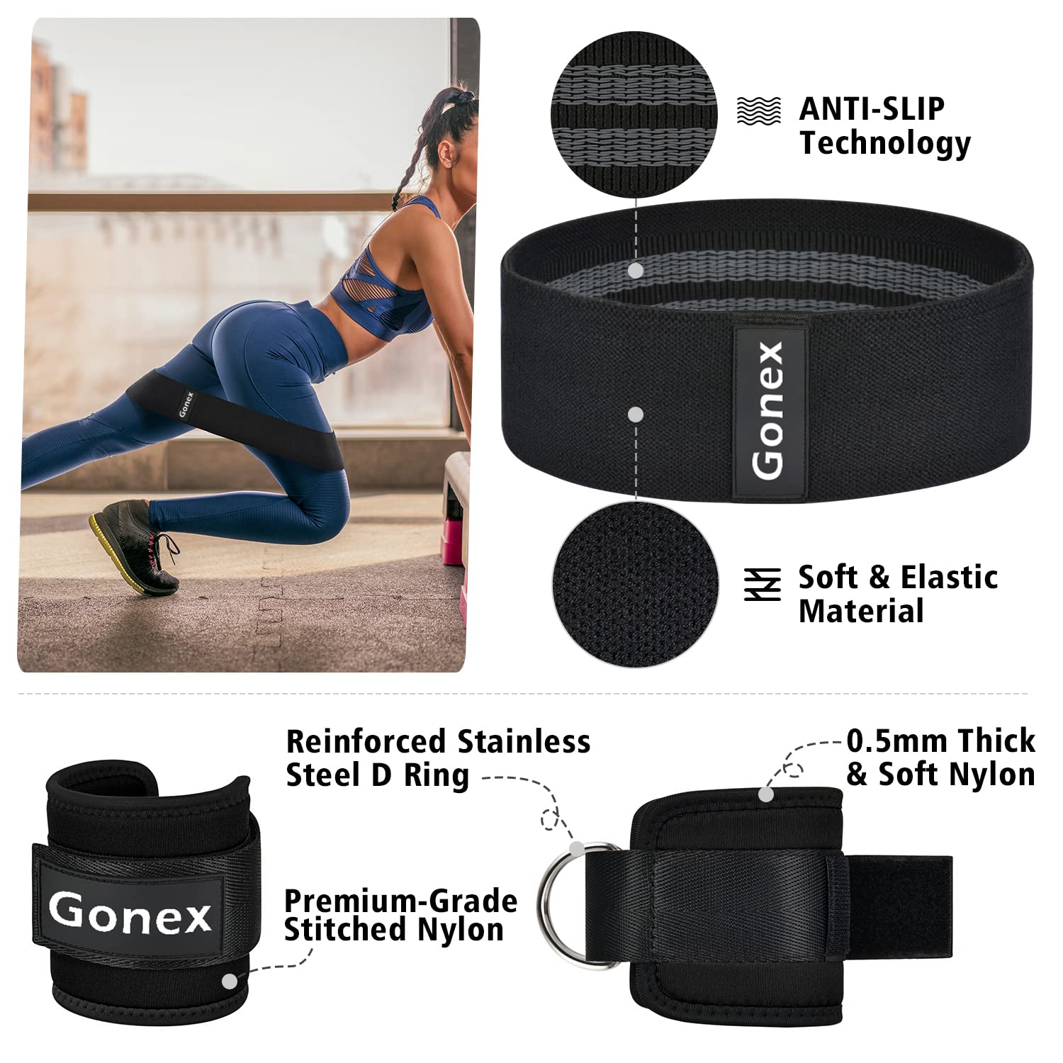 Gonex Mousse Barre Musculation Manchon à Squat pour Squats Lunges Hip Thrusts Haltérophilie, Barbell Squat Pad avec 2 Sangles de Cheville Bande de aux Hanches, Convient aux Barres Olympiques
